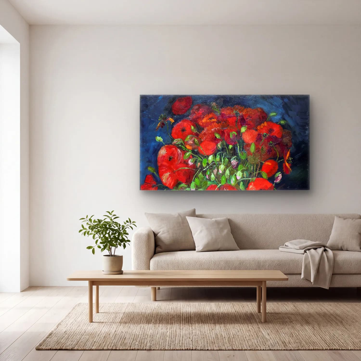 Vincent van Gogh – Vase with Poppies – Kırmızı Tonlar cam tablo — açık renk salonda