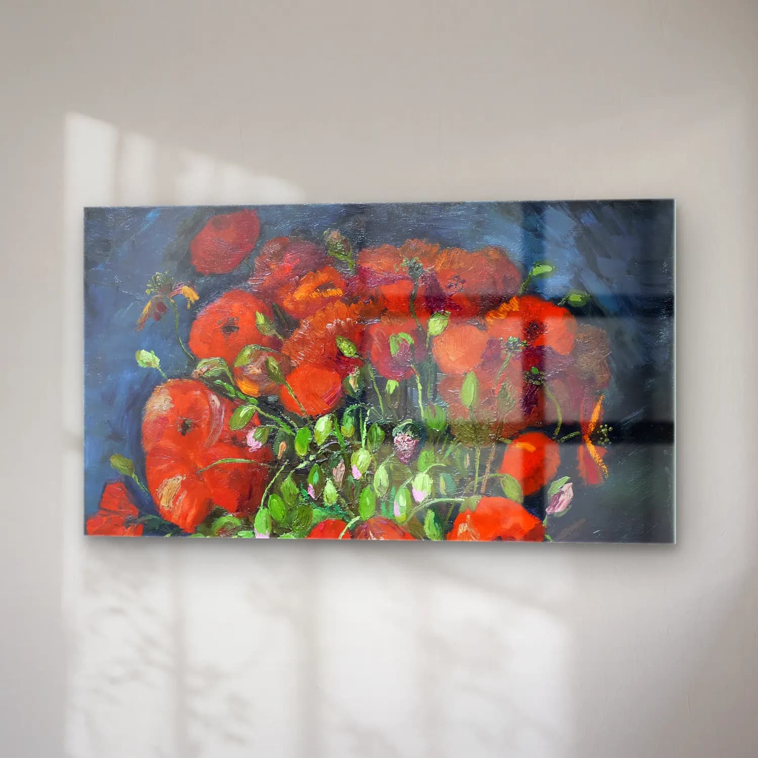 Vincent van Gogh – Vase with Poppies – Kırmızı Tonlar cam tablo — sağ açıdan görünüm