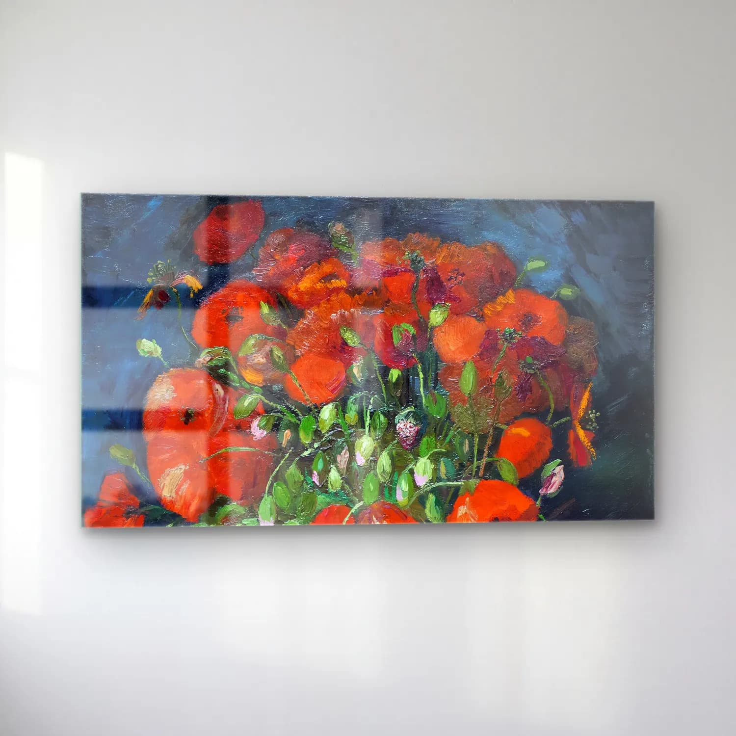 Vincent van Gogh – Vase with Poppies – Kırmızı Tonlar cam tablo — sol açıdan görünüm