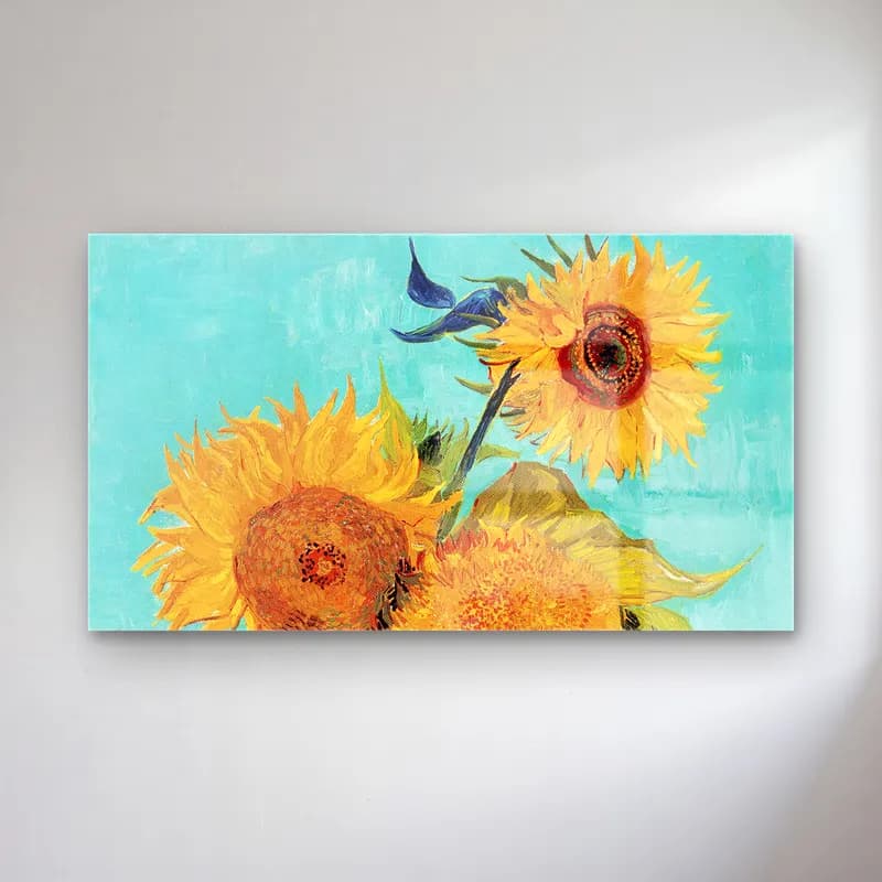 Vincent van Gogh – Vase with Three Sunflowers – Sarı Tonlar cam tablo — Vincent van Gogh – Vase with Three Sunflowers – Sarı Tonlar — empresyonist ayçiçekleri