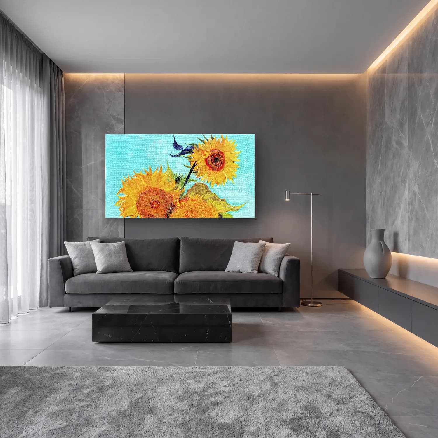 Vincent van Gogh – Vase with Three Sunflowers – Sarı Tonlar cam tablo — lüks salon duvarında