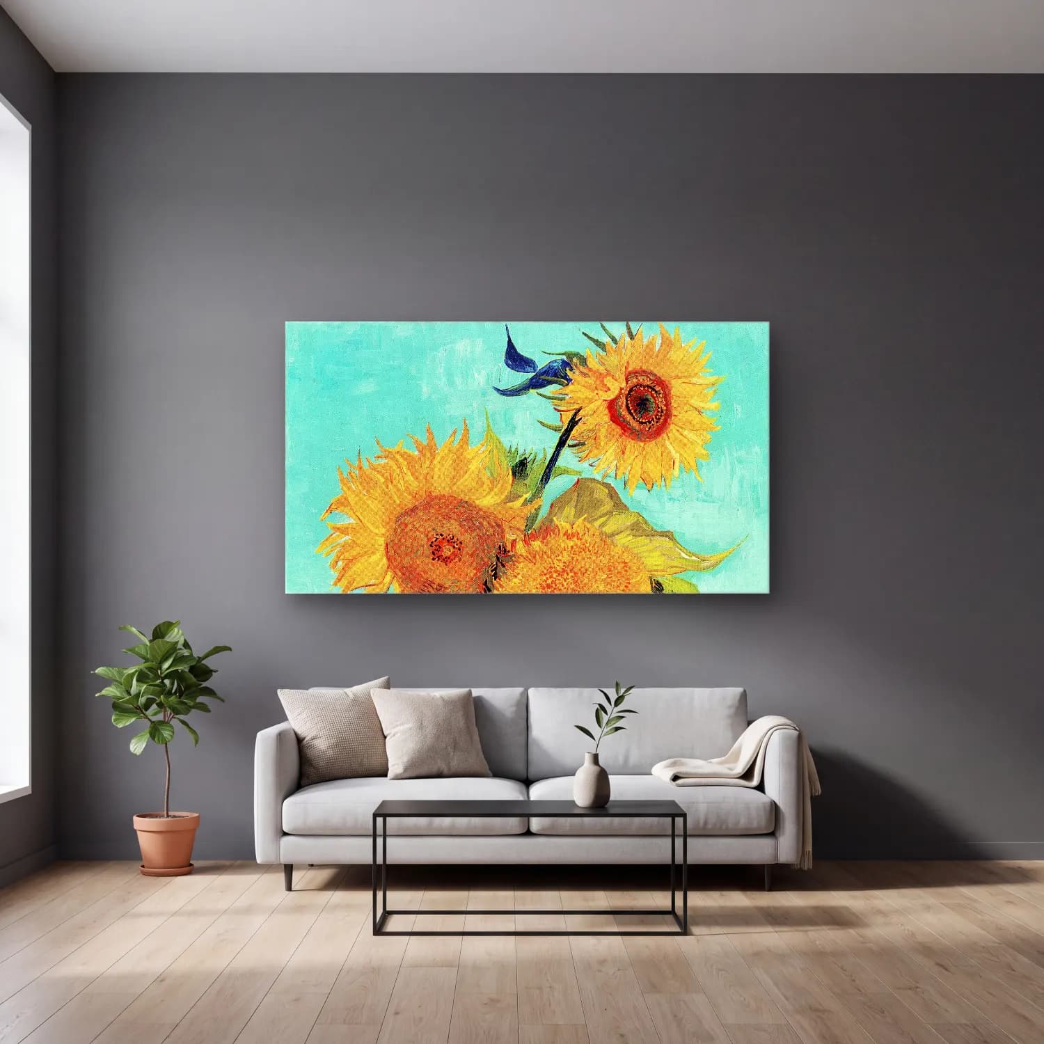 Vincent van Gogh – Vase with Three Sunflowers – Sarı Tonlar cam tablo — gri duvarlı salonda