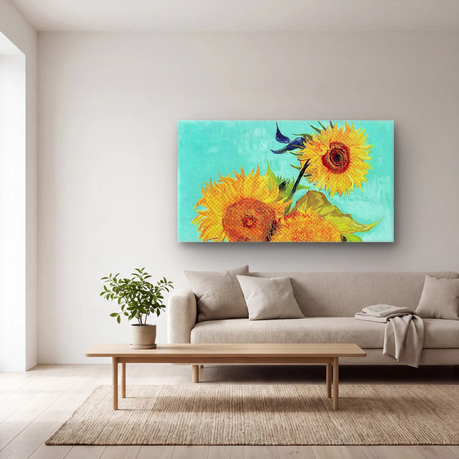 Vincent van Gogh – Vase with Three Sunflowers – Sarı Tonlar cam tablo — açık renk salonda