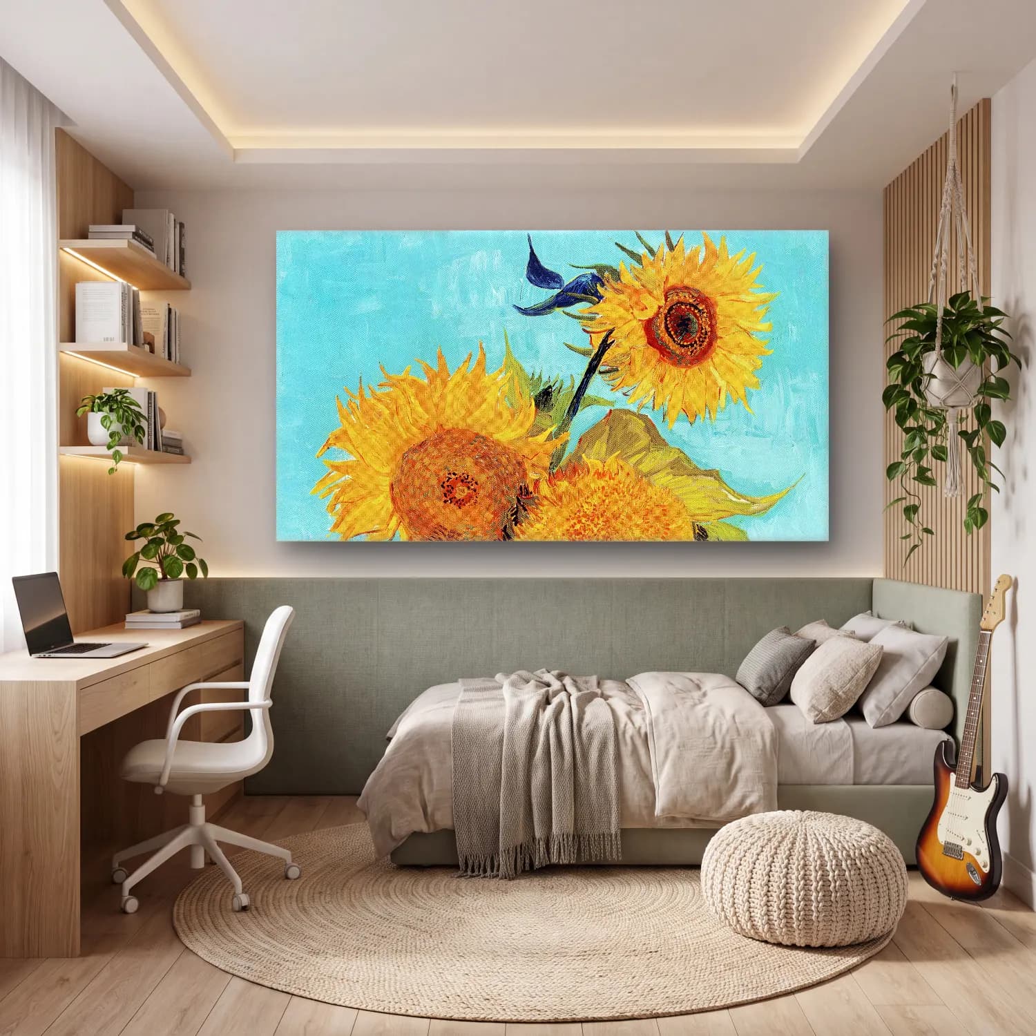 Vincent van Gogh – Vase with Three Sunflowers – Sarı Tonlar cam tablo — genç odasında