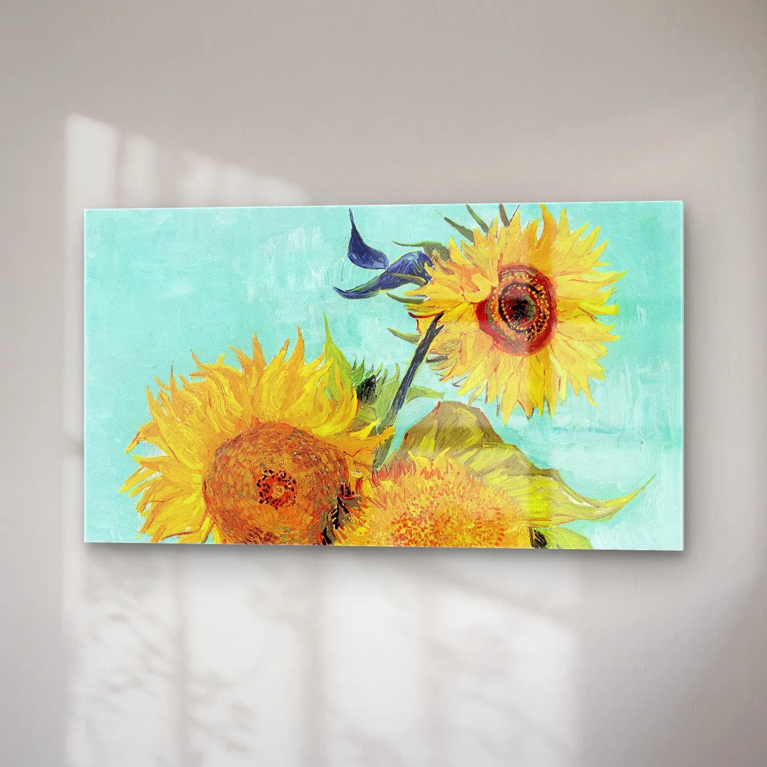 Vincent van Gogh – Vase with Three Sunflowers – Sarı Tonlar cam tablo — sağ açıdan görünüm
