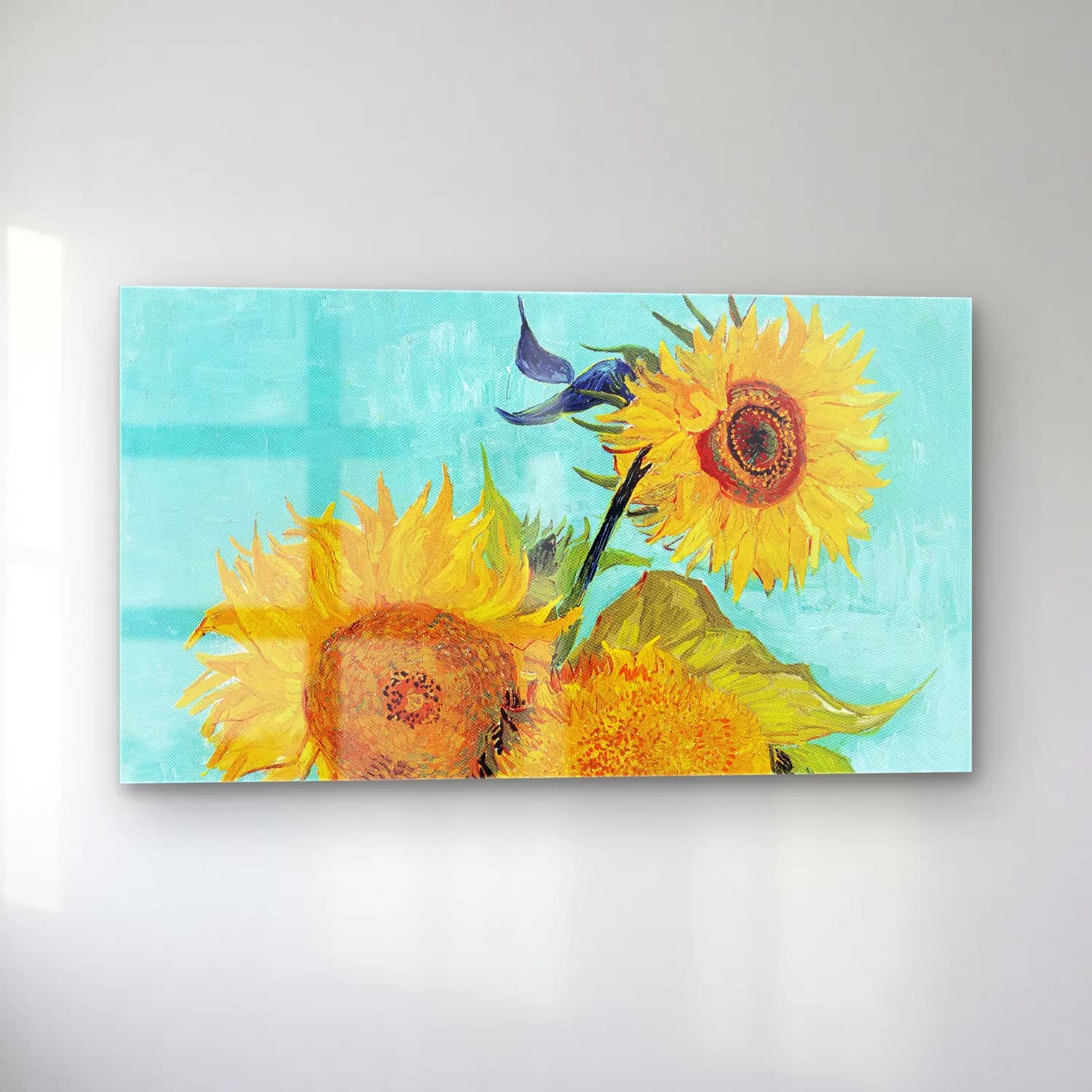 Vincent van Gogh – Vase with Three Sunflowers – Sarı Tonlar cam tablo — sol açıdan görünüm