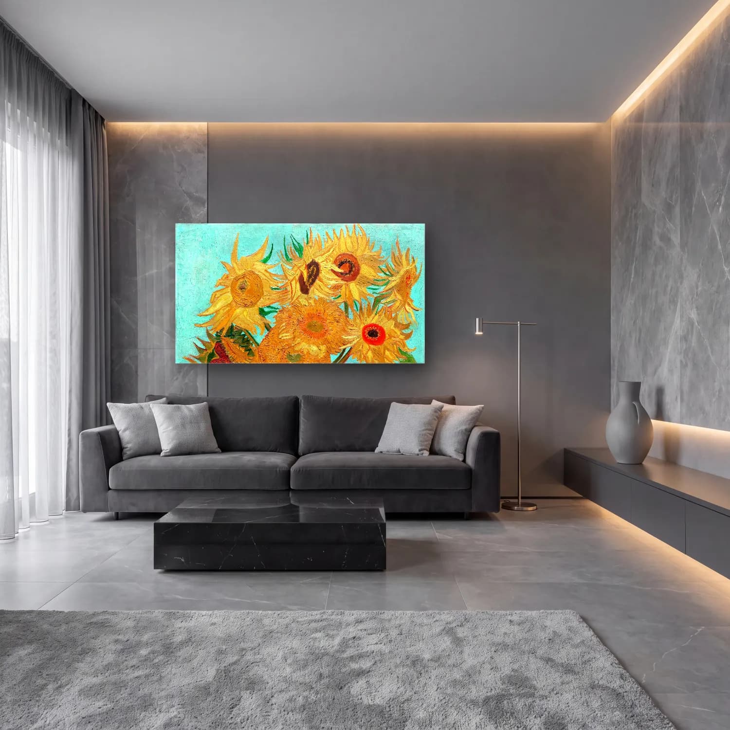 Vincent van Gogh – Vase with Twelve Sunflowers No. 4 cam tablo — lüks salon duvarında