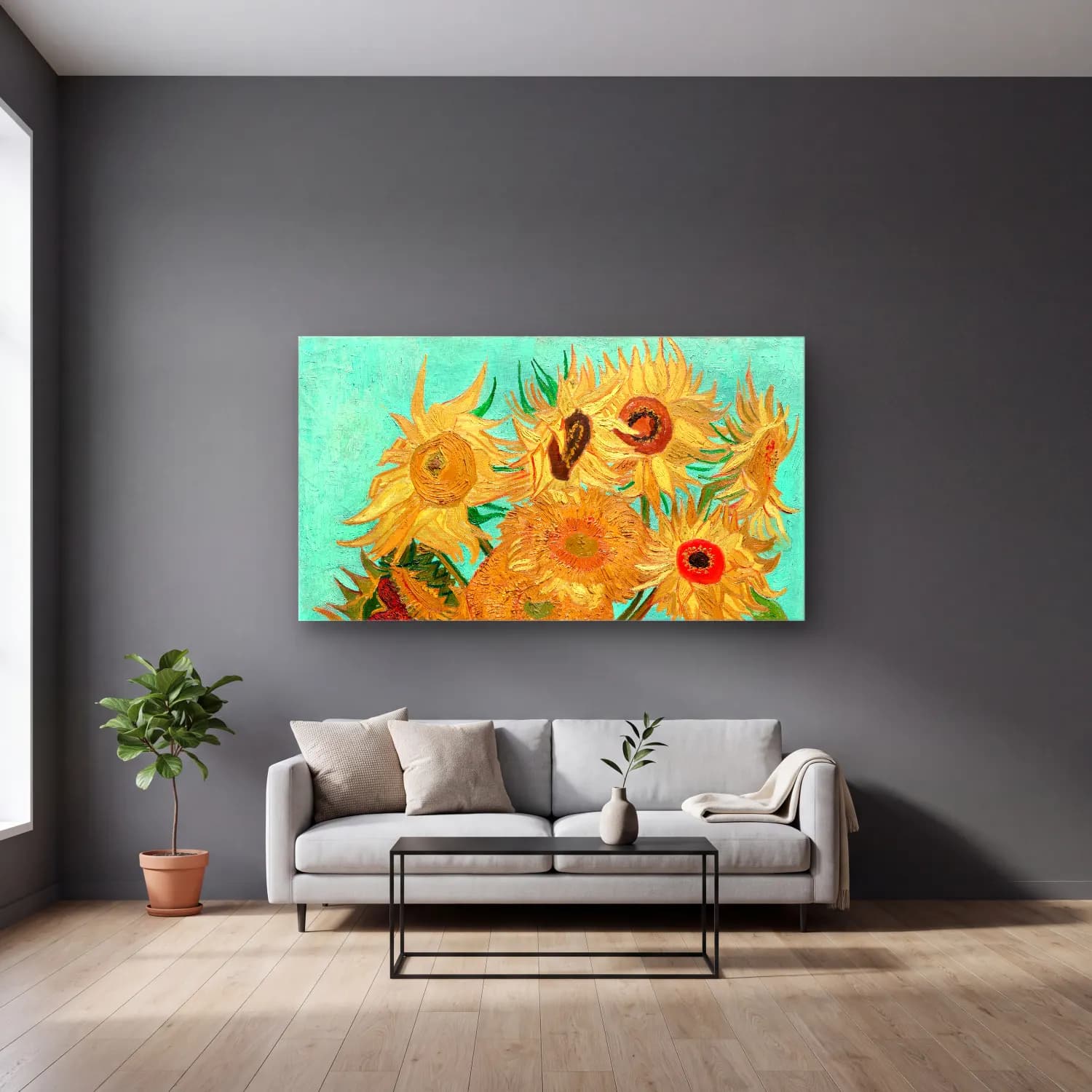 Vincent van Gogh – Vase with Twelve Sunflowers No. 4 cam tablo — gri duvarlı salonda