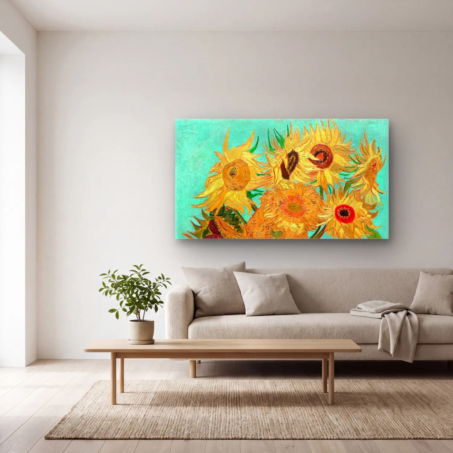 Vincent van Gogh – Vase with Twelve Sunflowers No. 4 cam tablo — açık renk salonda