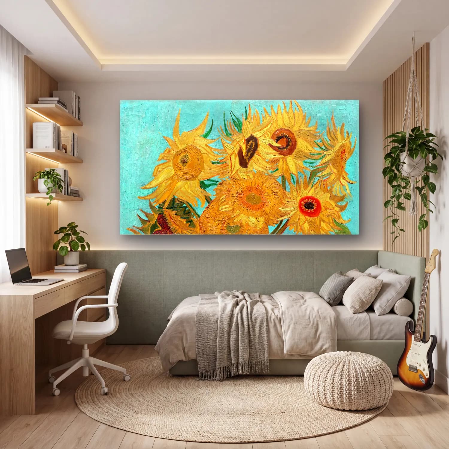 Vincent van Gogh – Vase with Twelve Sunflowers No. 4 cam tablo — genç odasında