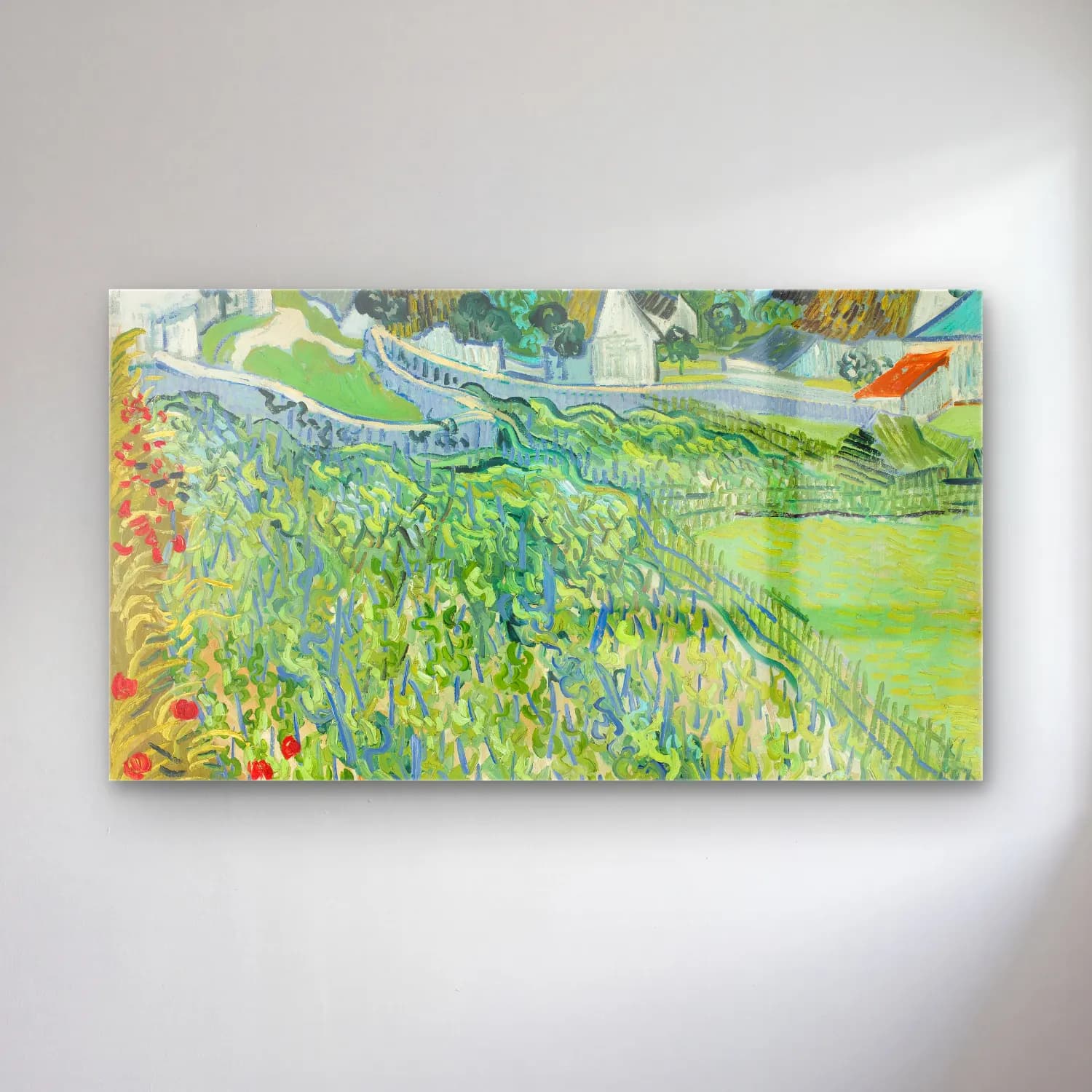 Vincent van Gogh – Vineyards with a View of Auvers cam tablo — Vincent van Gogh – Vineyards with a View of Auvers — empresyonist yeşil tepeler