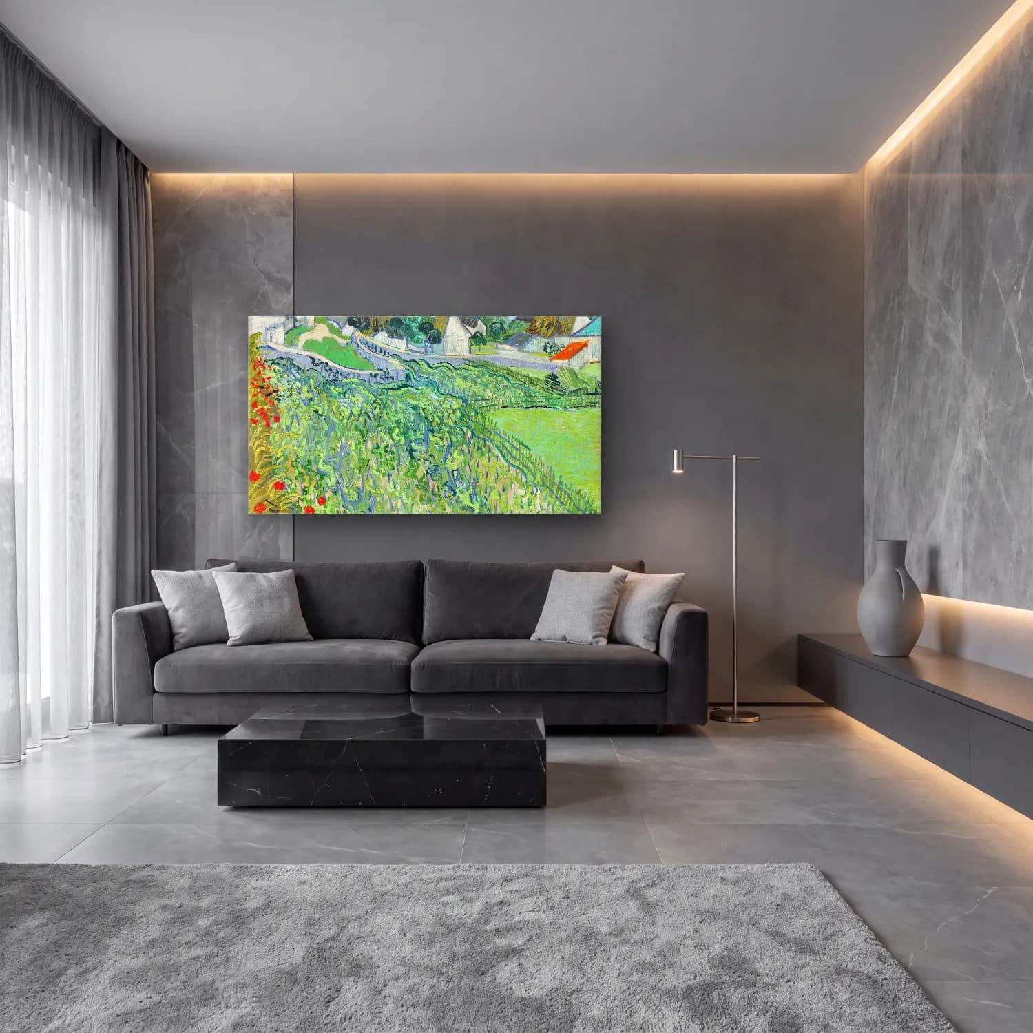 Vincent van Gogh – Vineyards with a View of Auvers cam tablo — lüks salon duvarında
