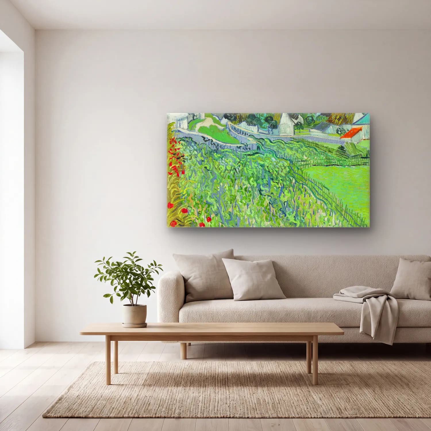 Vincent van Gogh – Vineyards with a View of Auvers cam tablo — açık renk salonda
