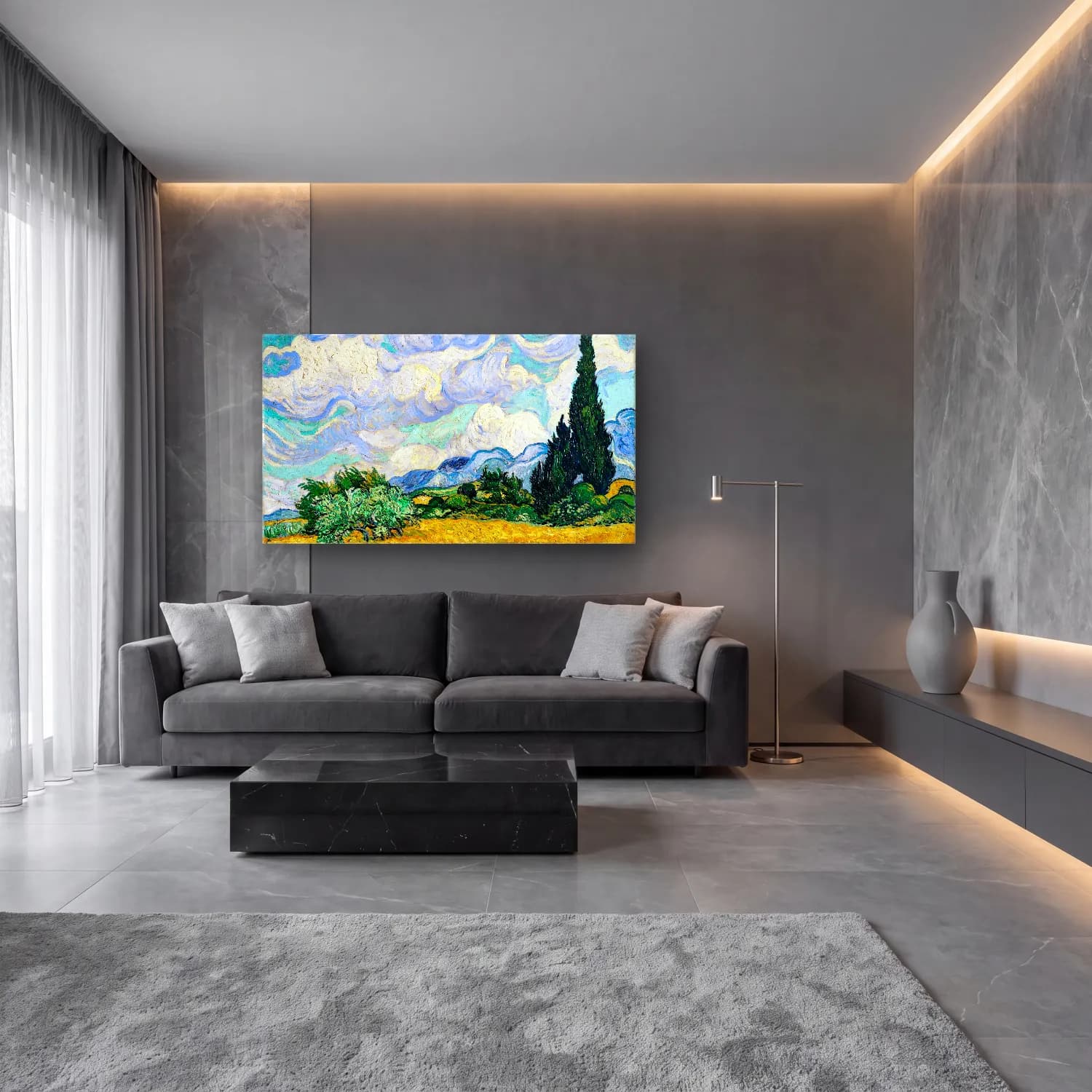 Vincent van Gogh – Wheat Field with Cypresses cam tablo — lüks salon duvarında