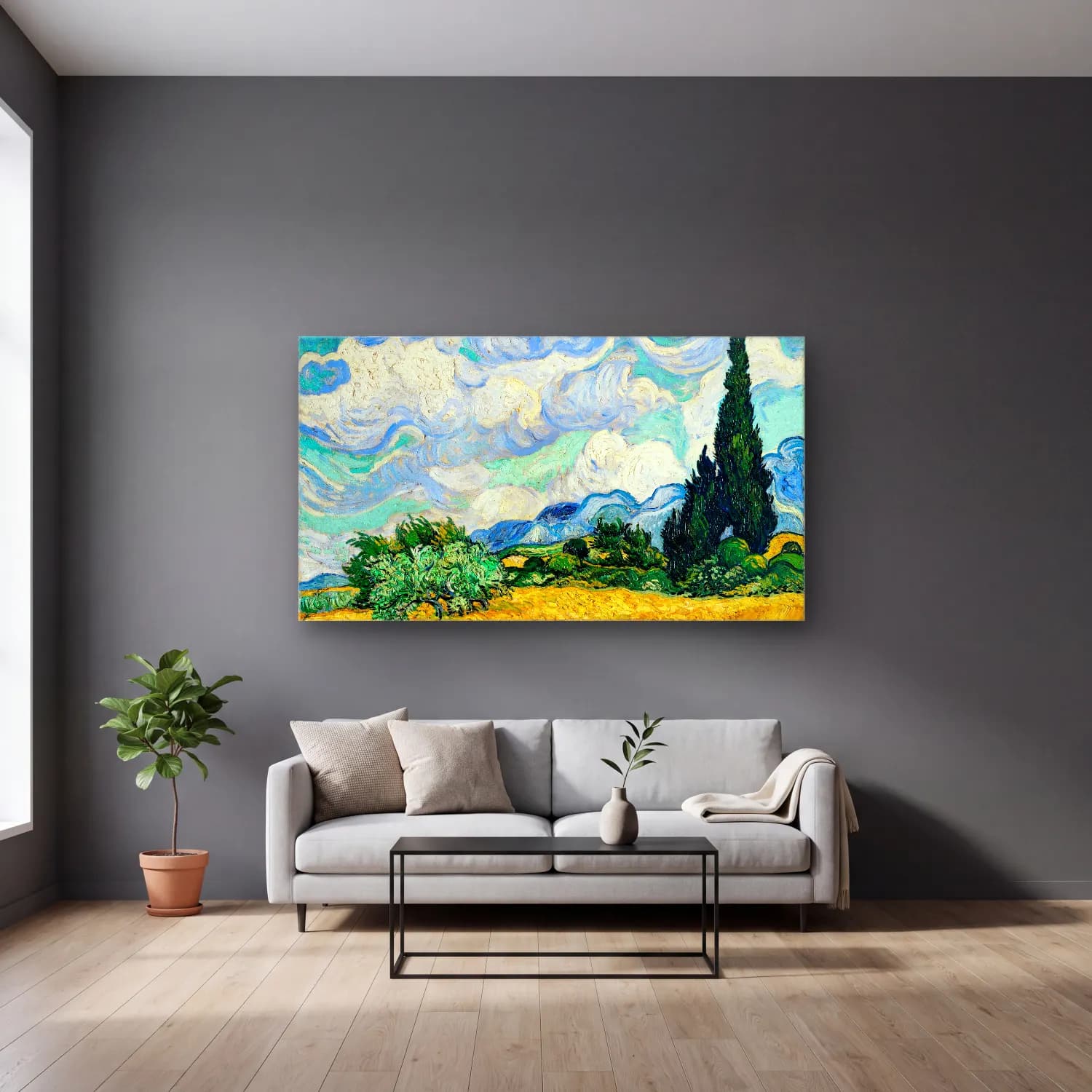 Vincent van Gogh – Wheat Field with Cypresses cam tablo — gri duvarlı salonda