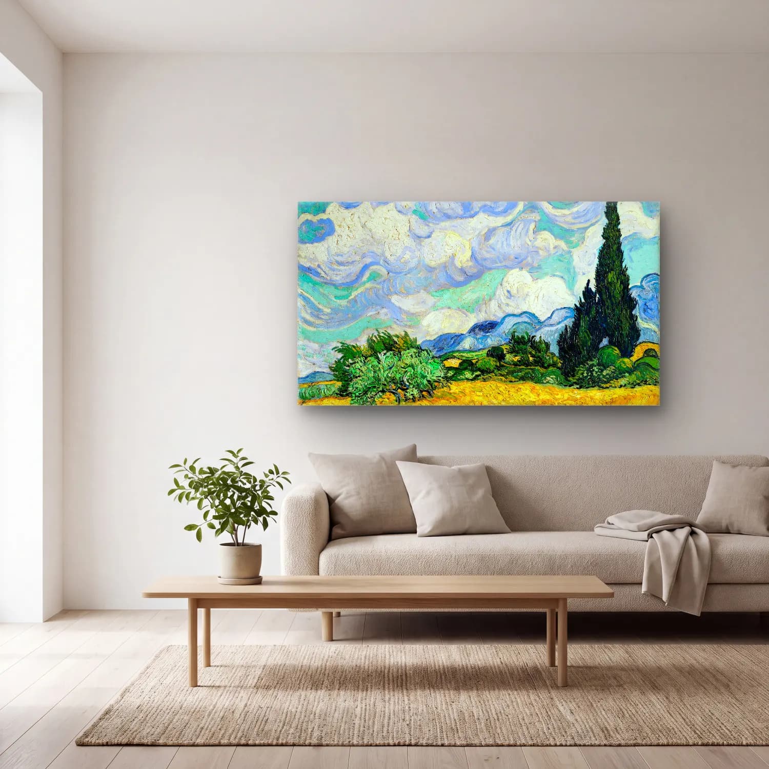 Vincent van Gogh – Wheat Field with Cypresses cam tablo — açık renk salonda