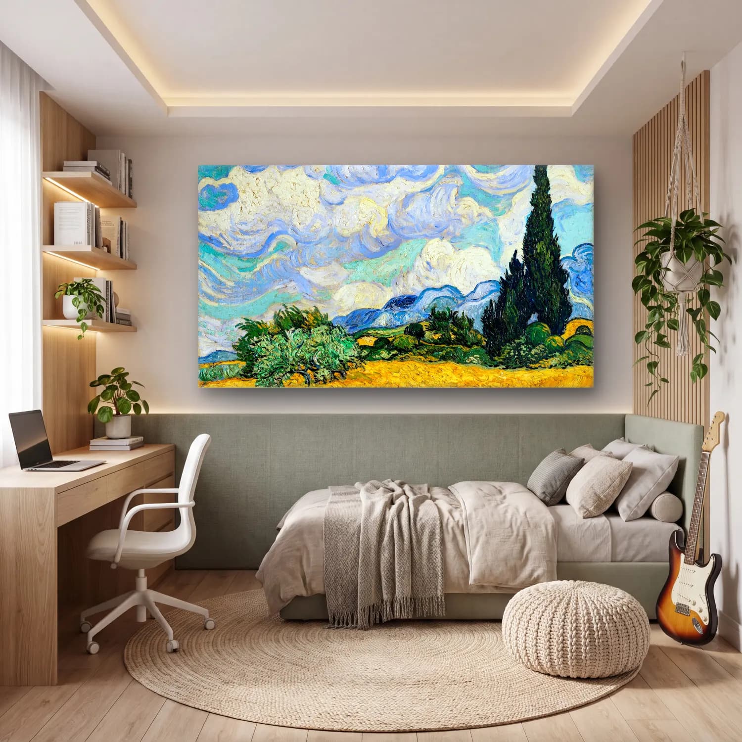 Vincent van Gogh – Wheat Field with Cypresses cam tablo — genç odasında
