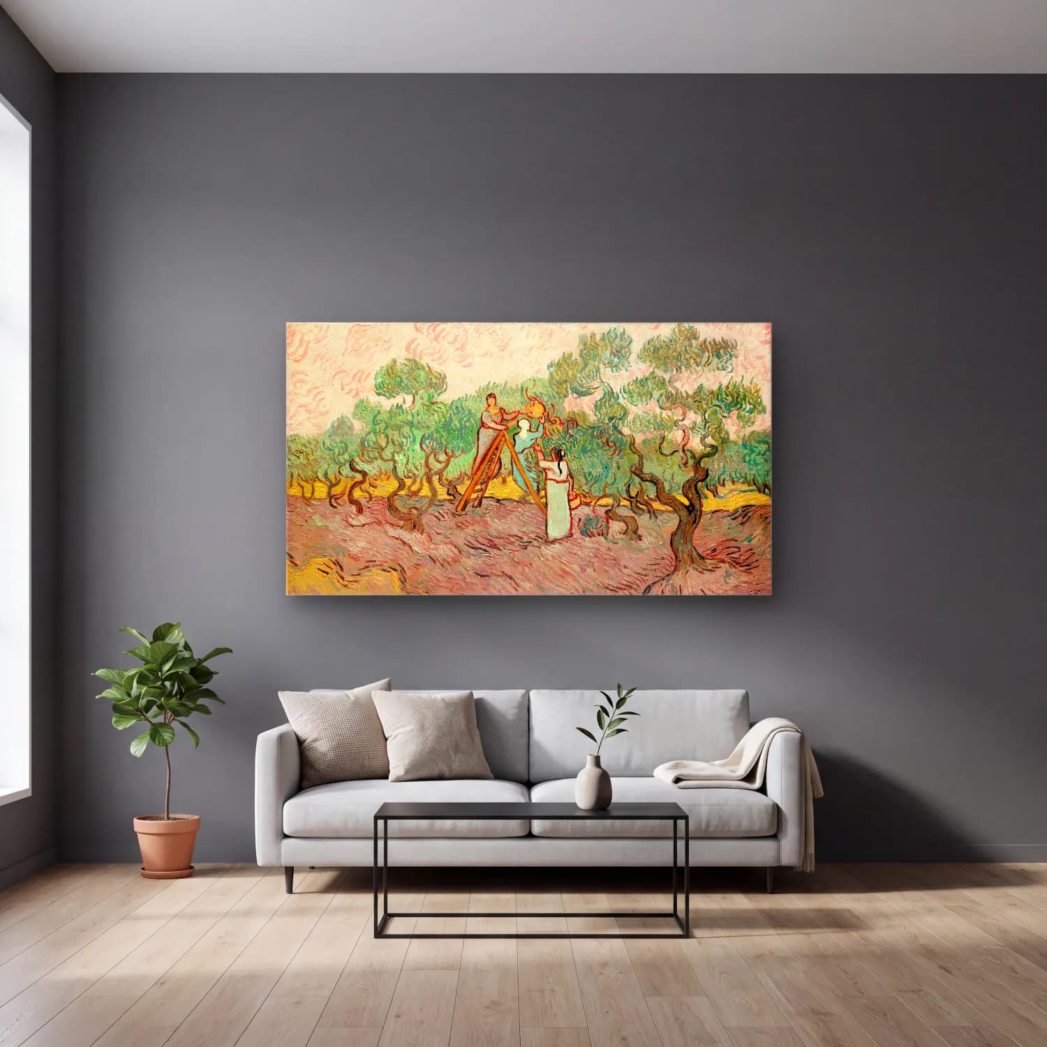 Vincent van Gogh – Women Picking Olives cam tablo — gri duvarlı salonda