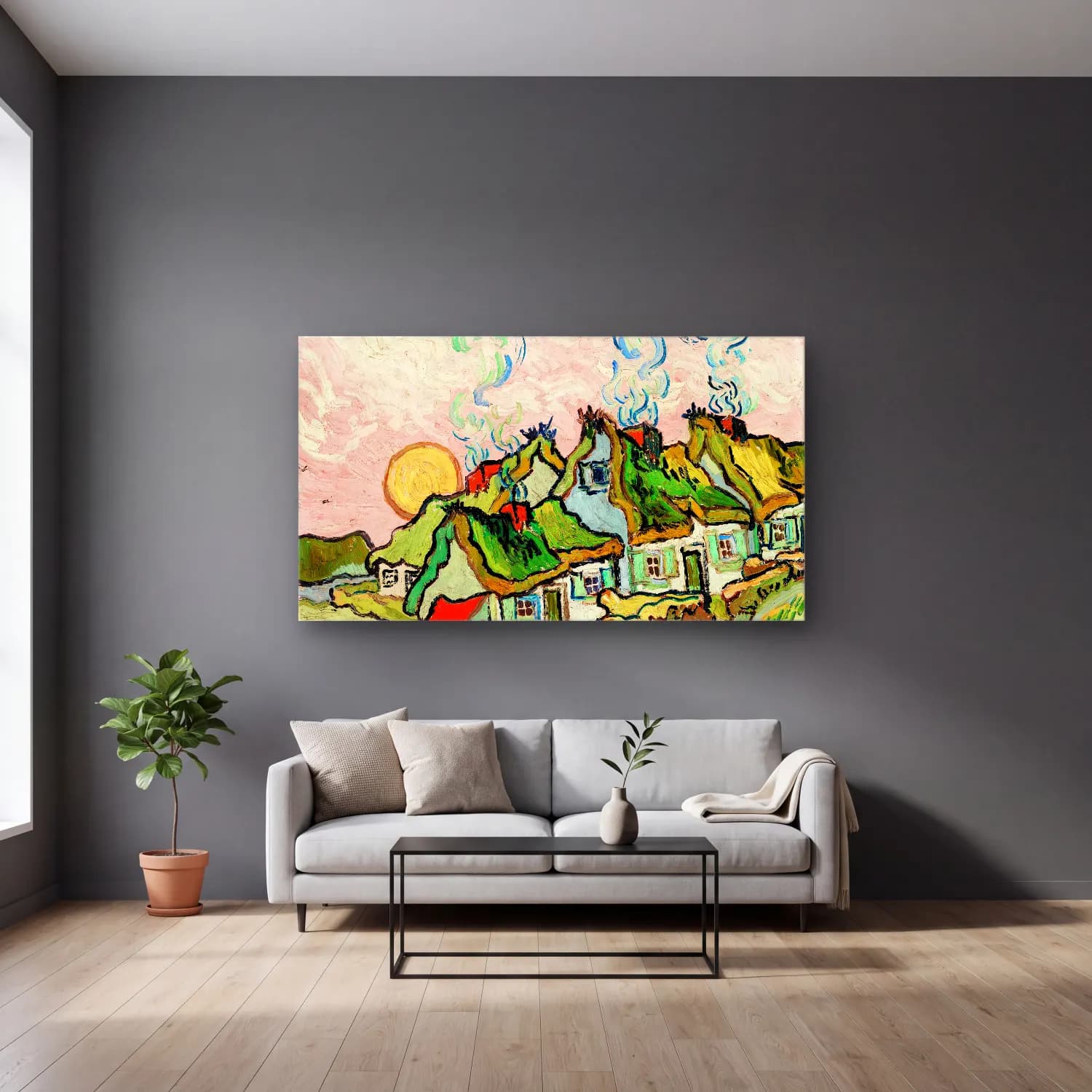 Vincent van Gogh – house and figure cam tablo — gri duvarlı salonda