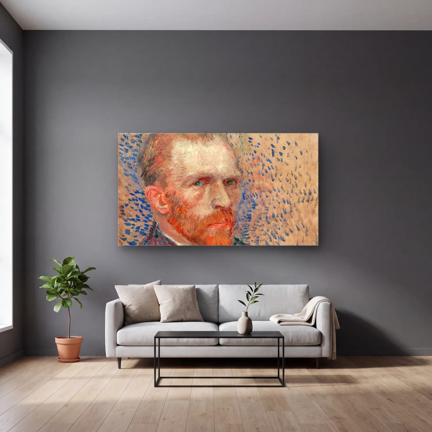 Vincent van Gogh – self-portrait cam tablo — gri duvarlı salonda