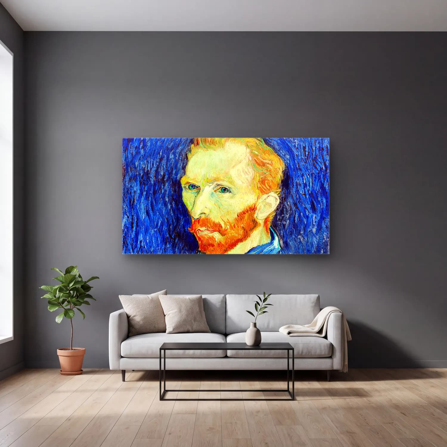 Vincent van Gogh – self-portrait – Mavi Tonlar cam tablo — gri duvarlı salonda