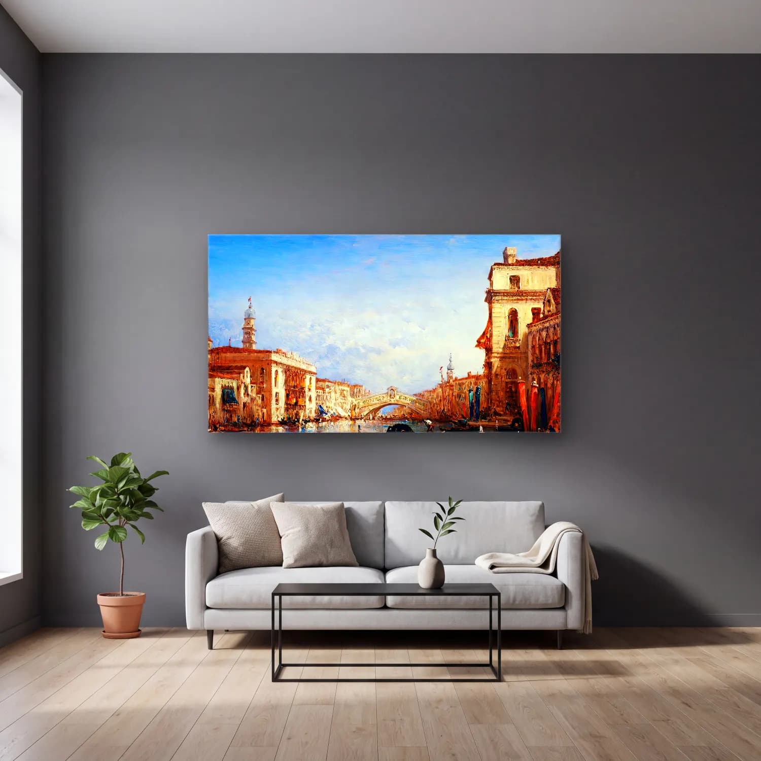 Félix Ziem – The Rialto Bridge, Venice cam tablo — gri duvarlı salonda