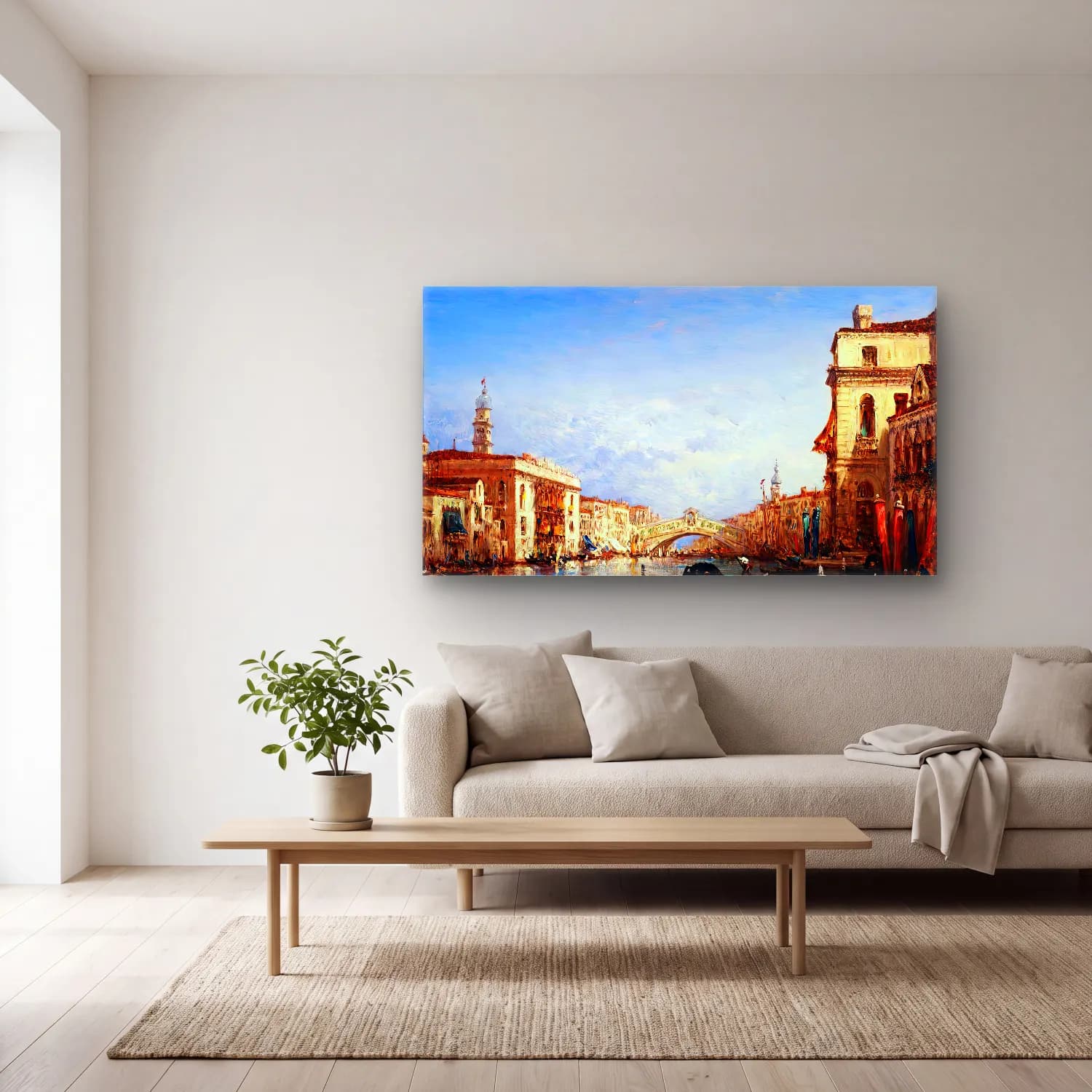 Félix Ziem – The Rialto Bridge, Venice cam tablo — açık renk salonda
