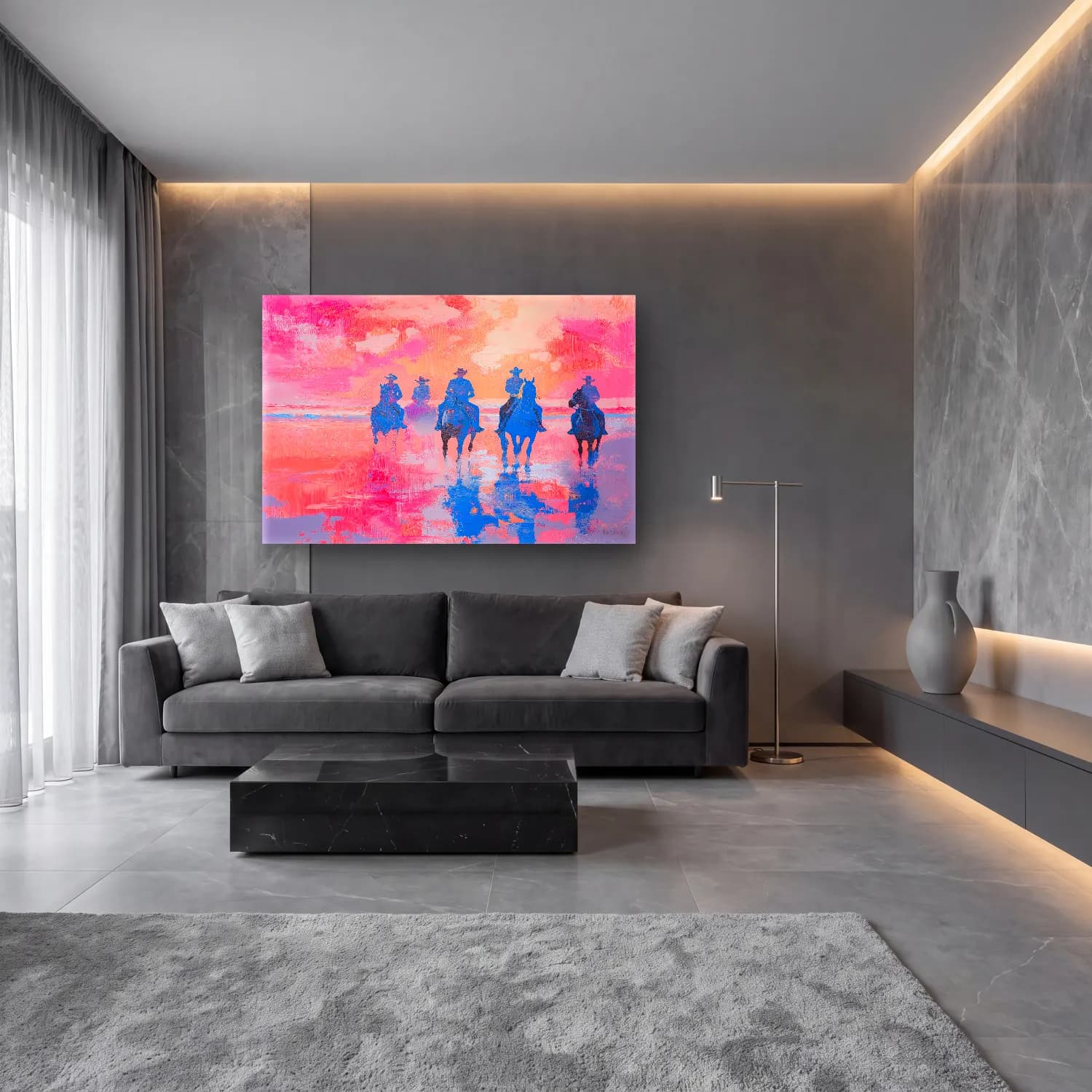 Empresyonist Atlı – Pembe Tonlar cam tablo — lüks salon duvarında