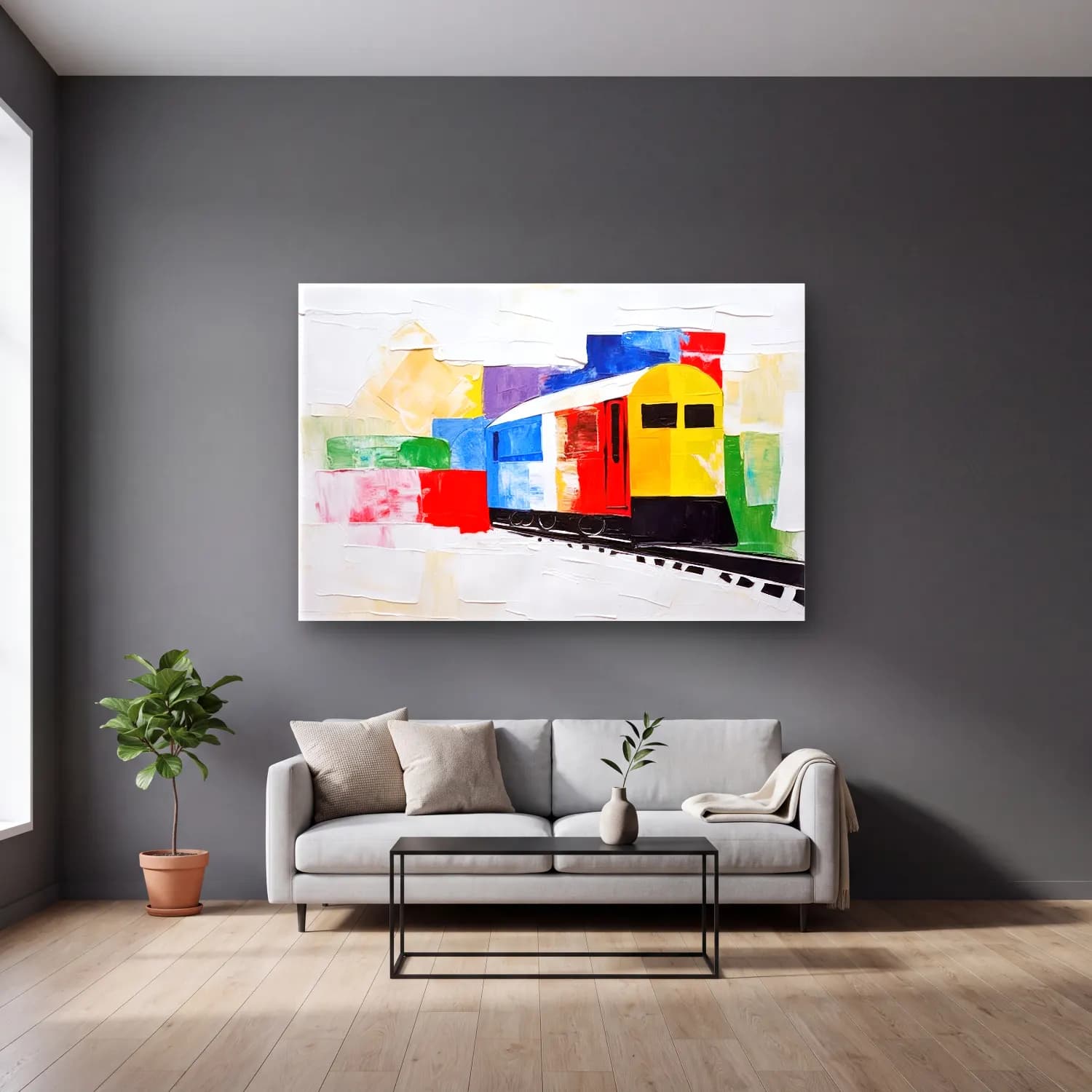 Modern Soyut Tren cam tablo — gri duvarlı salonda