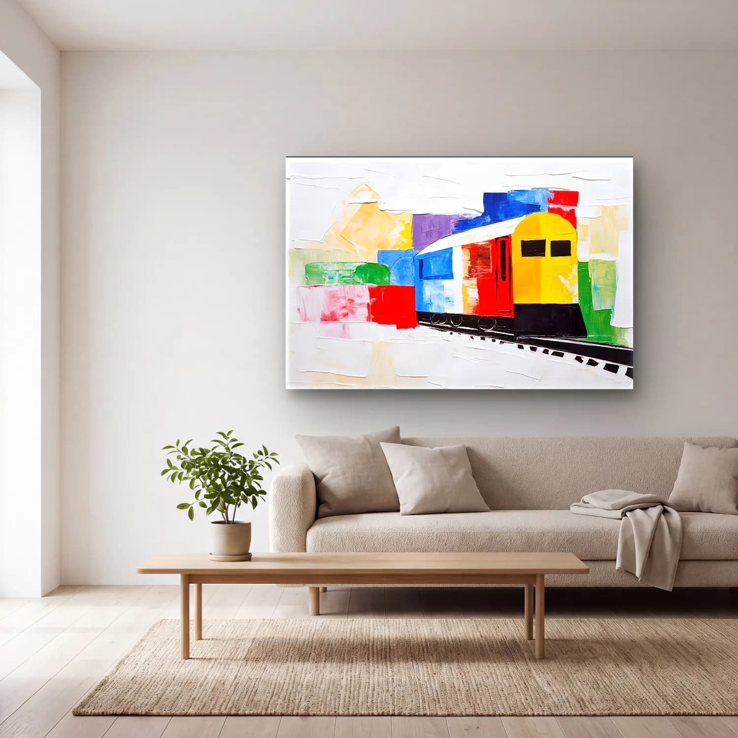 Modern Soyut Tren cam tablo — açık renk salonda