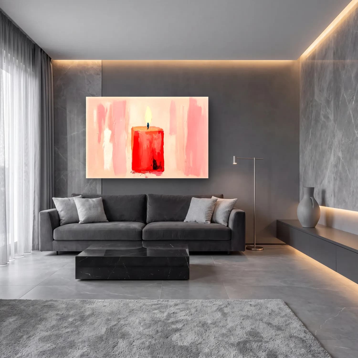 Yağlı Boya Mumlar – Pembe Tonlar cam tablo — lüks salon duvarında
