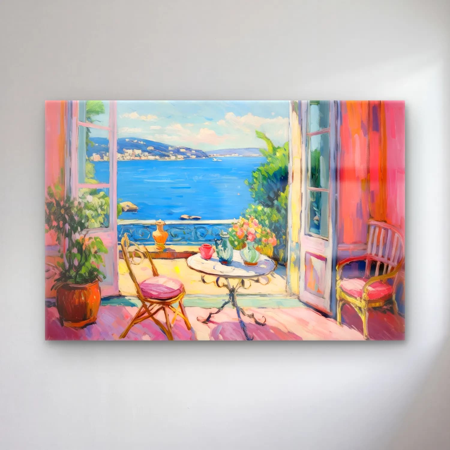 Empresyonist Akdeniz Sahil Kasabası – Pastel Tonlar cam tablo — Empresyonist Akdeniz Sahil Kasabası – Pastel Tonlar — empresyonist akdeniz sahil kasabası