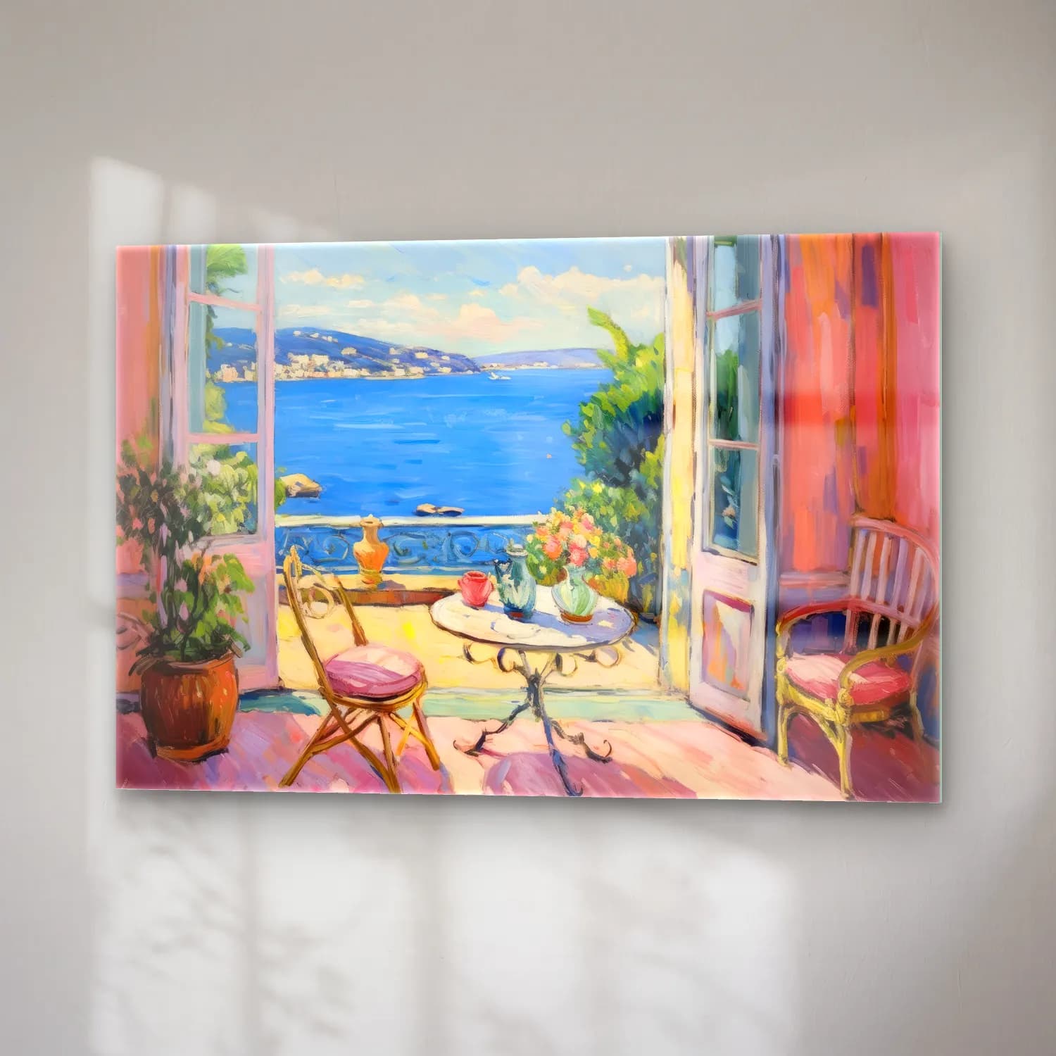 Empresyonist Akdeniz Sahil Kasabası – Pastel Tonlar cam tablo — sağ açıdan görünüm
