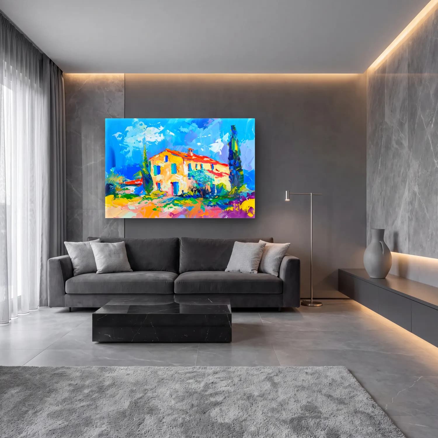 Empresyonist Kır Evi – Pastel Tonlar cam tablo — lüks salon duvarında