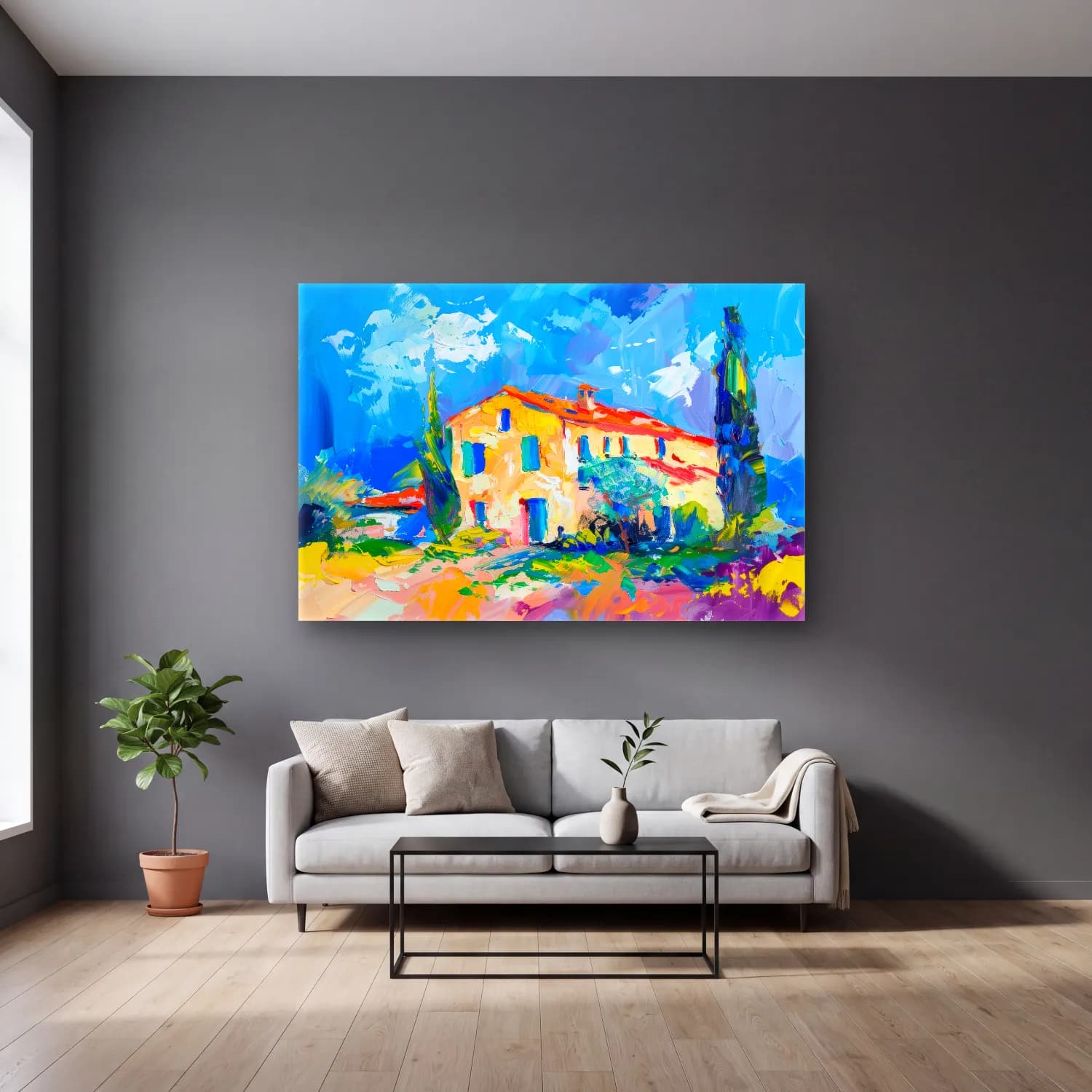 Empresyonist Kır Evi – Pastel Tonlar cam tablo — gri duvarlı salonda