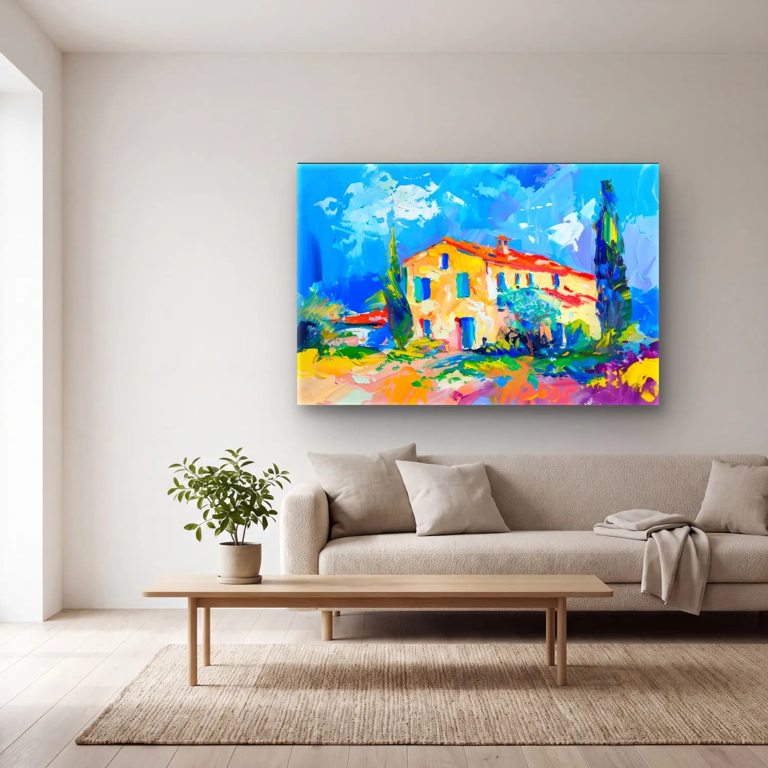 Empresyonist Kır Evi – Pastel Tonlar cam tablo — açık renk salonda