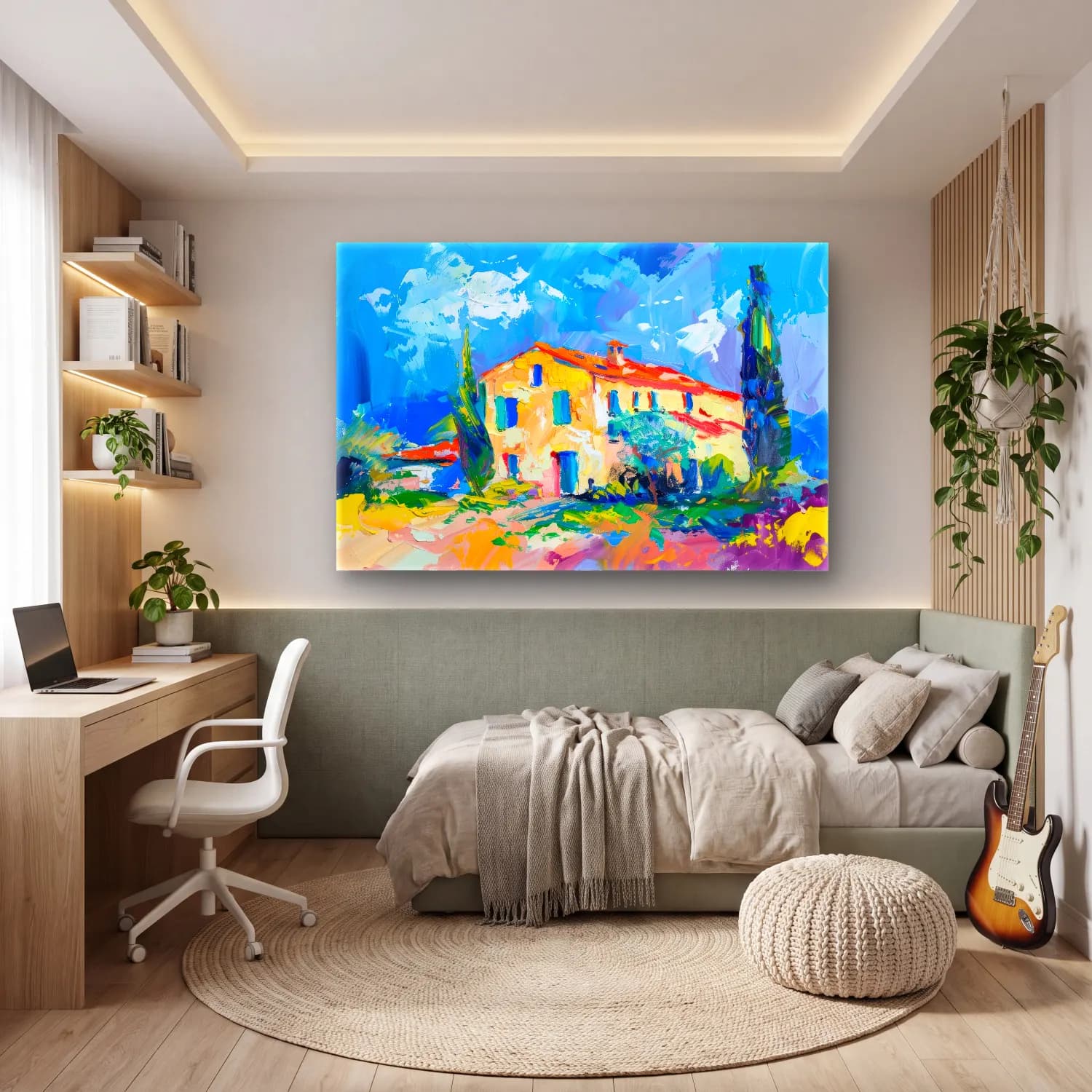 Empresyonist Kır Evi – Pastel Tonlar cam tablo — genç odasında