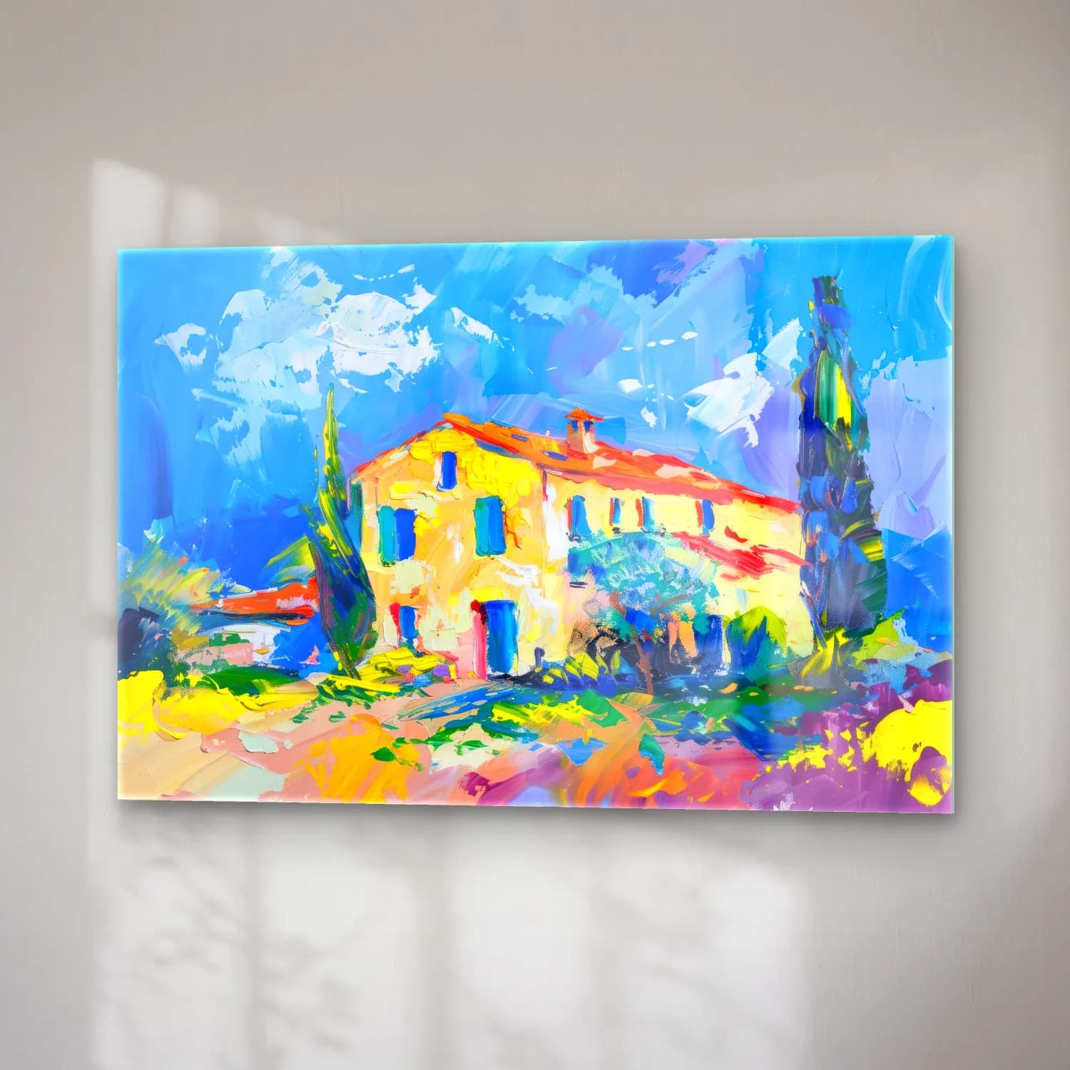 Empresyonist Kır Evi – Pastel Tonlar cam tablo — sağ açıdan görünüm