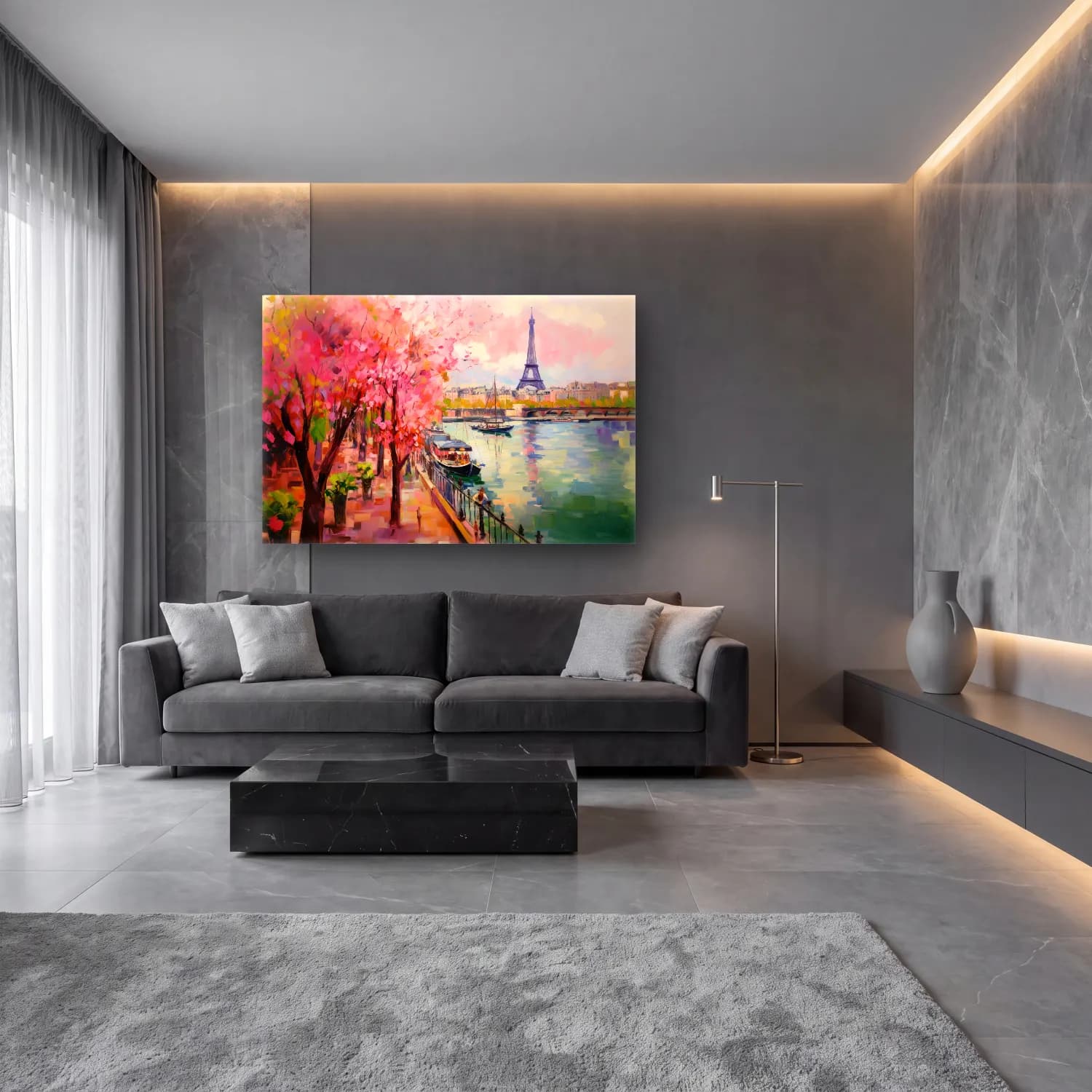 Empresyonist Paris ve Eyfel Kulesi No. 4 cam tablo — lüks salon duvarında