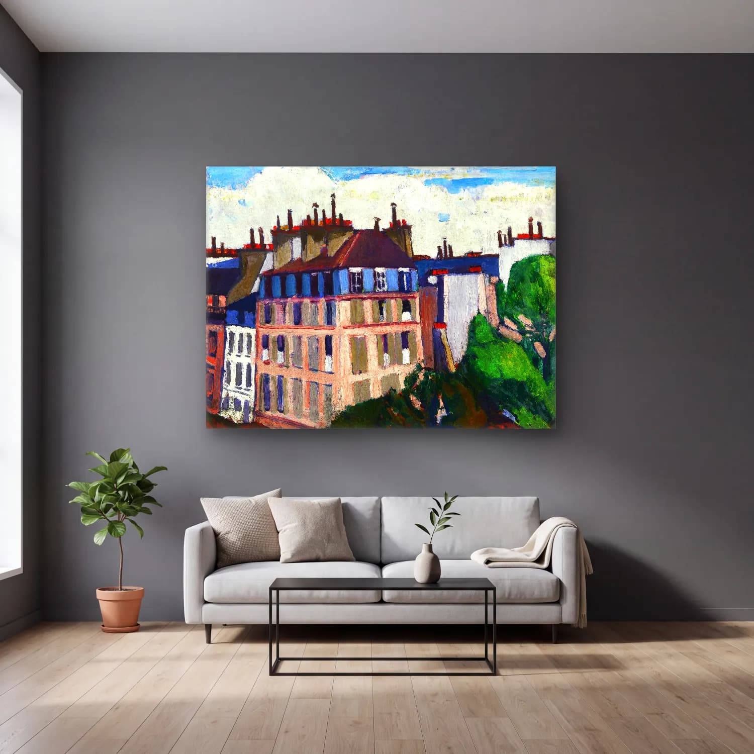 Empresyonist Paris ve Eyfel Kulesi – Pastel Tonlar cam tablo — gri duvarlı salonda