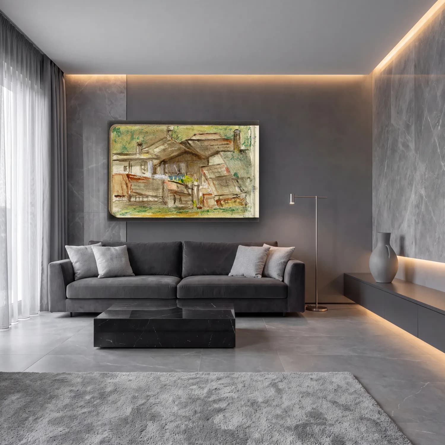 Suluboya Kır Evi No. 18 cam tablo — lüks salon duvarında