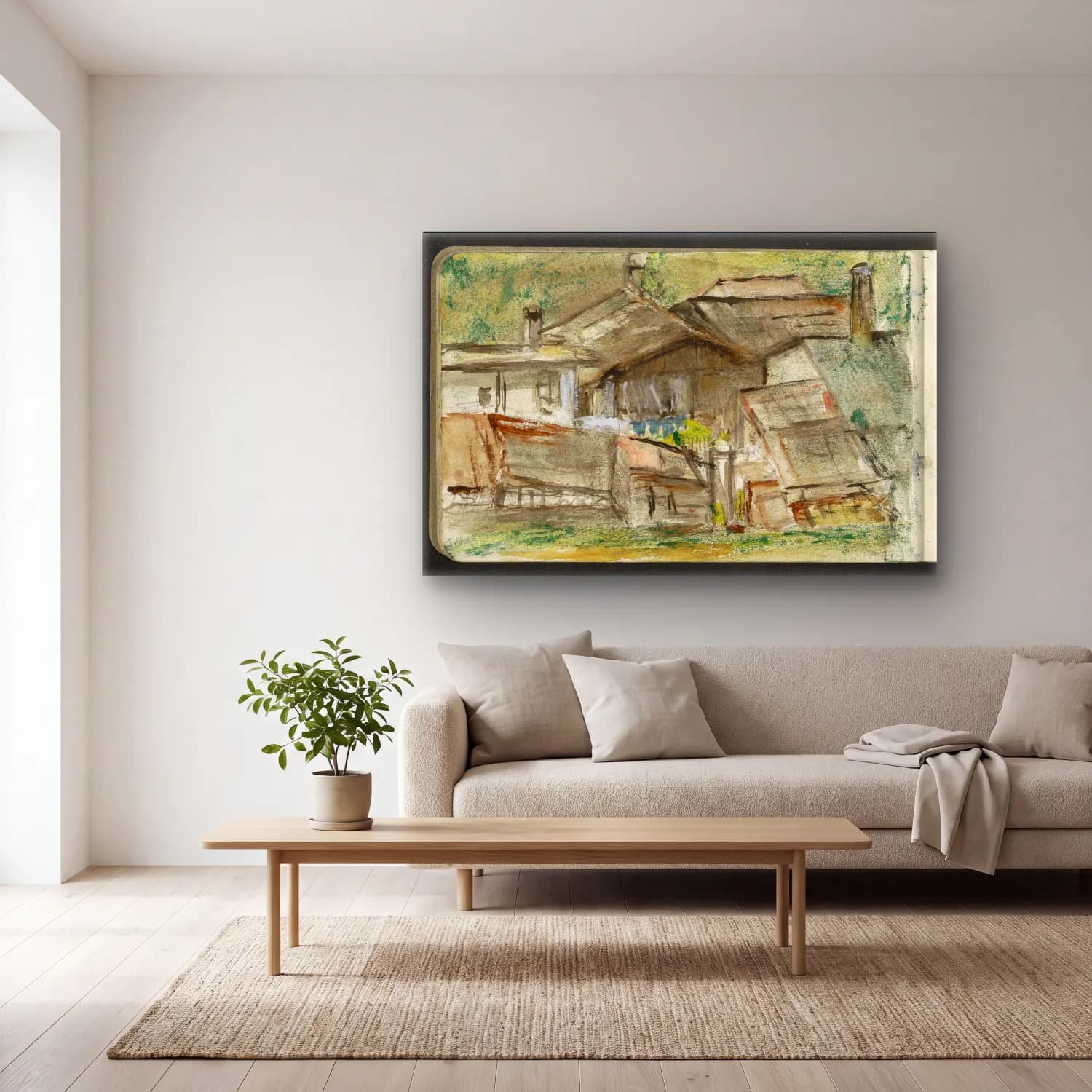 Suluboya Kır Evi No. 18 cam tablo — açık renk salonda