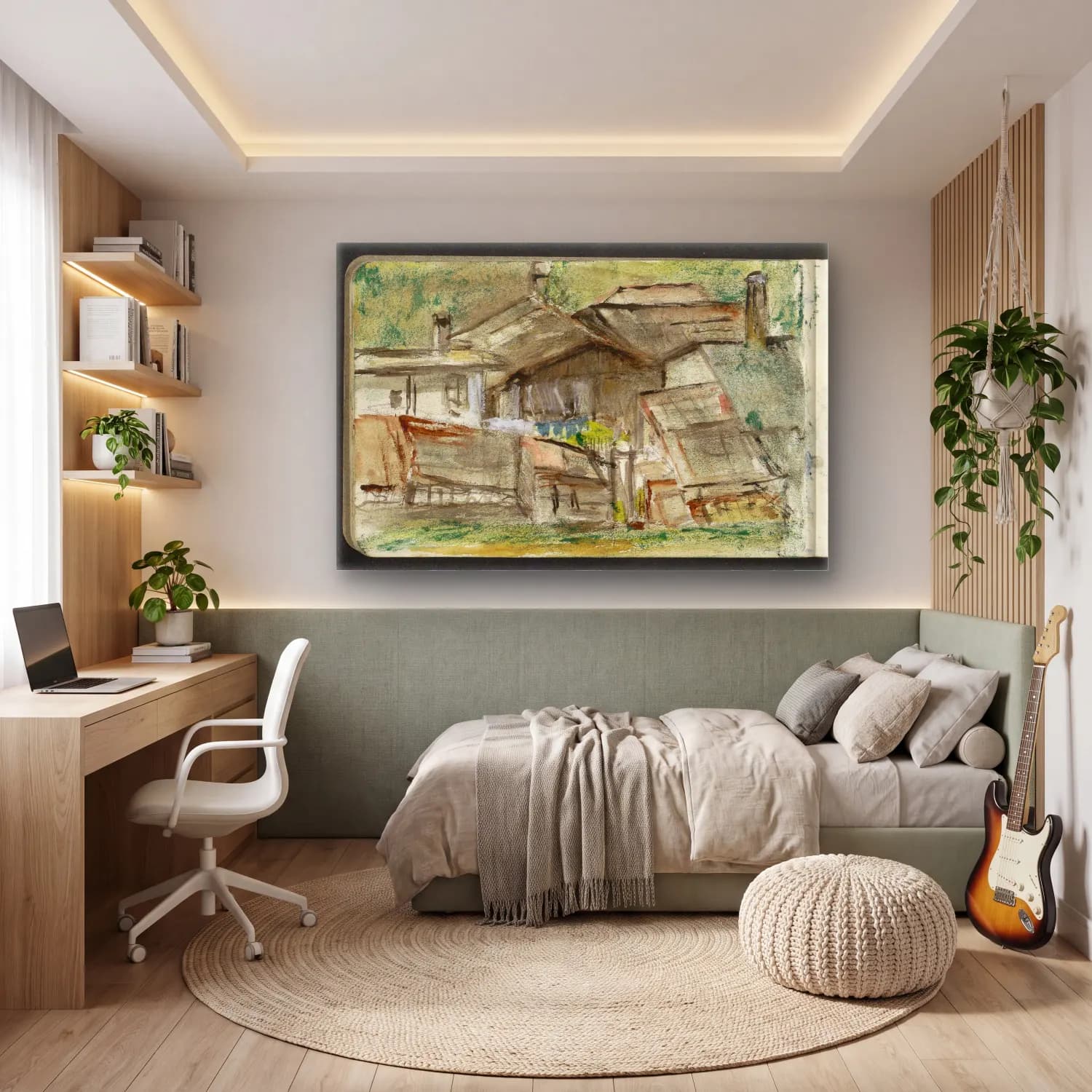 Suluboya Kır Evi No. 18 cam tablo — genç odasında
