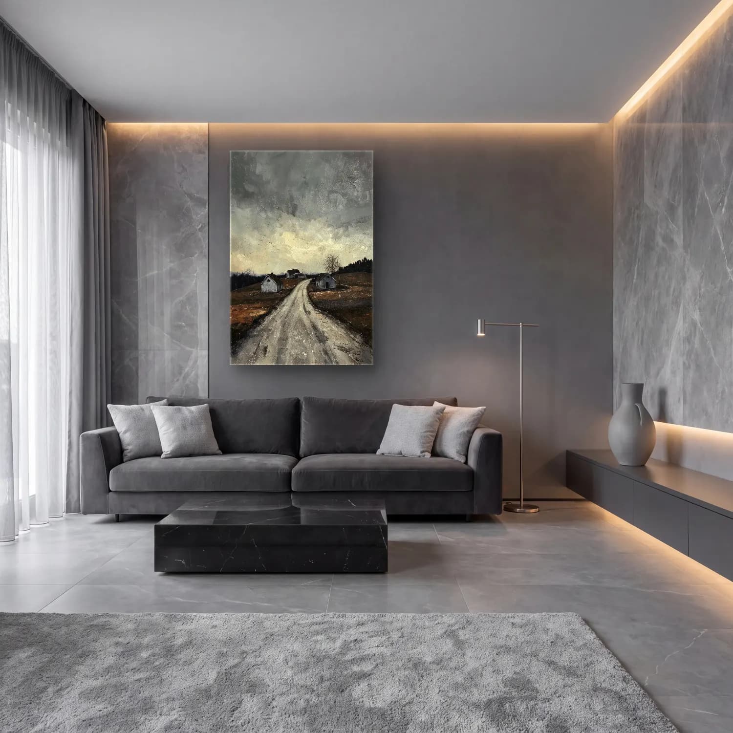 Yağlı Boya Kır Evi No. 20 cam tablo — lüks salon duvarında