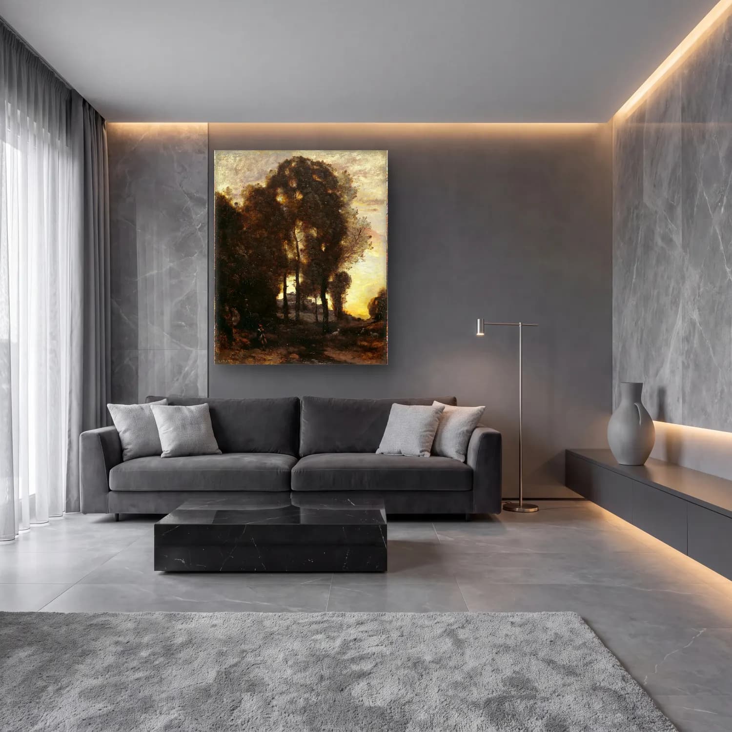 Empresyonist Orman No. 11 cam tablo — lüks salon duvarında