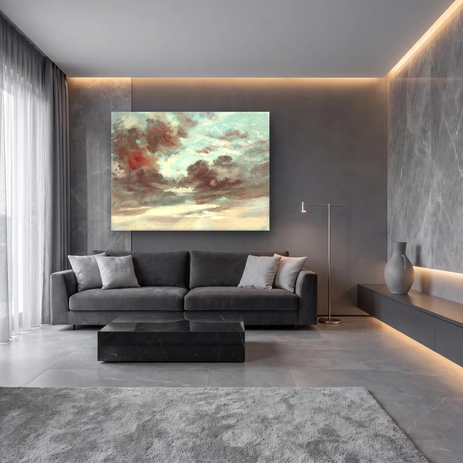Yağlı Boya Bulutlu Gökyüzü – Pastel Tonlar cam tablo — lüks salon duvarında