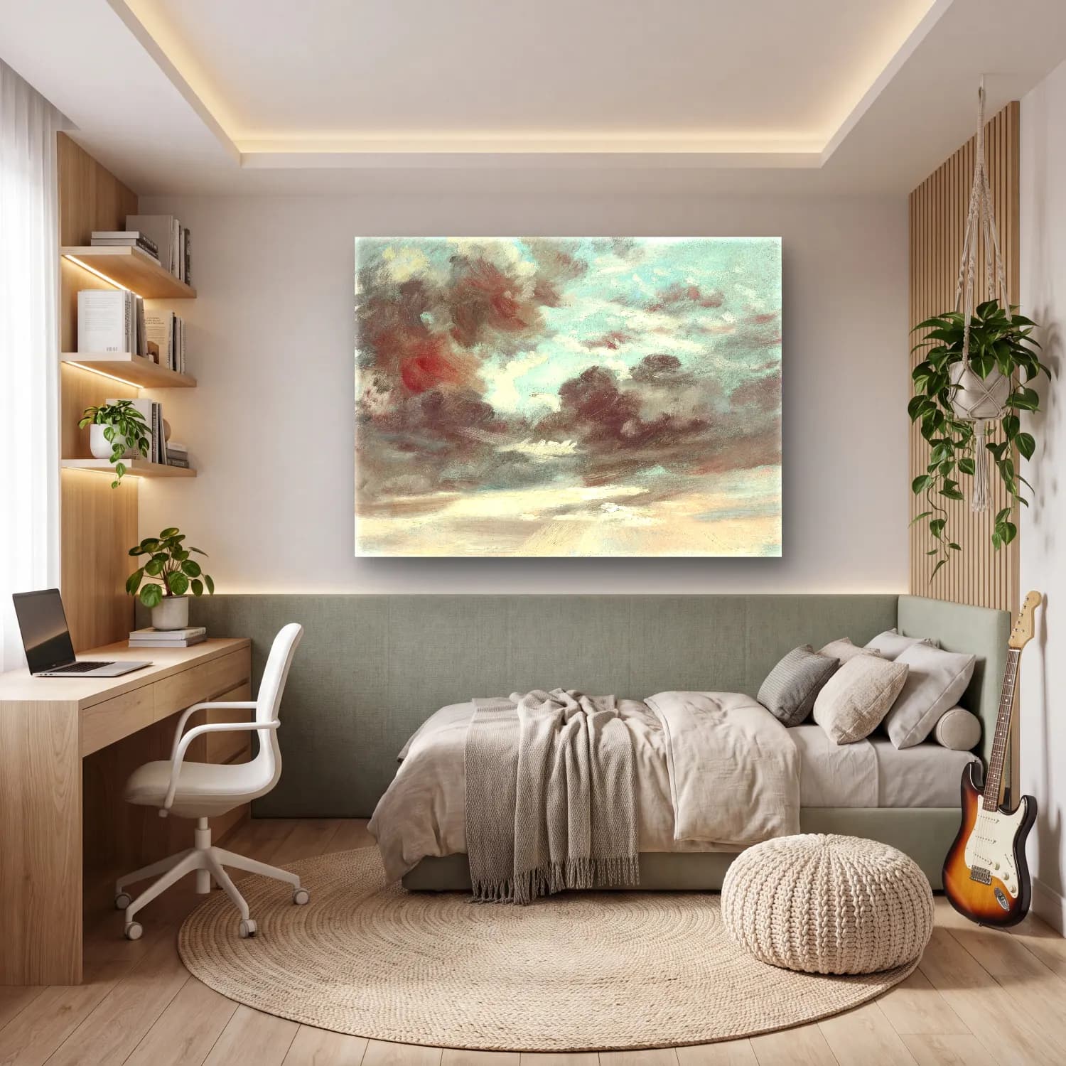 Yağlı Boya Bulutlu Gökyüzü – Pastel Tonlar cam tablo — genç odasında
