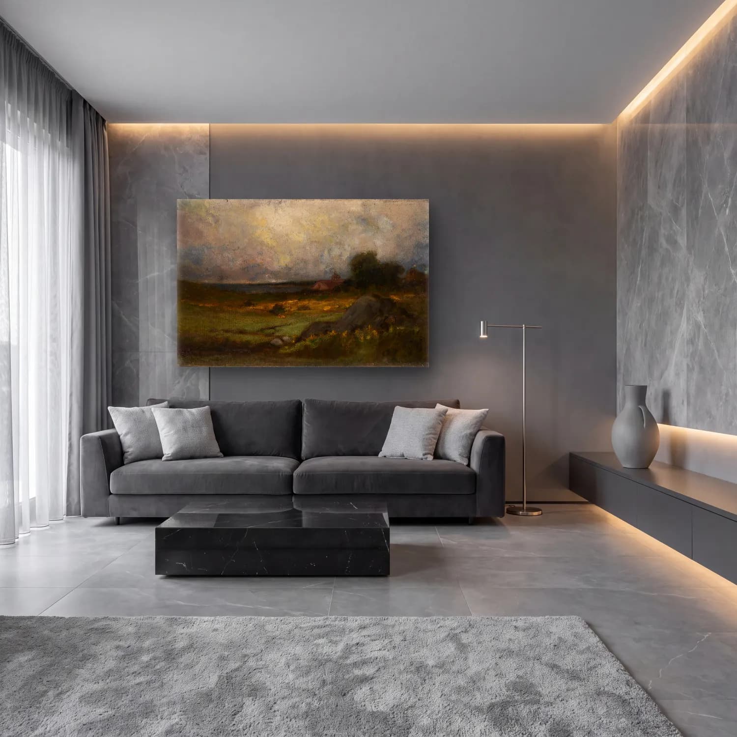 Yağlı Boya Kır Evi No. 24 cam tablo — lüks salon duvarında