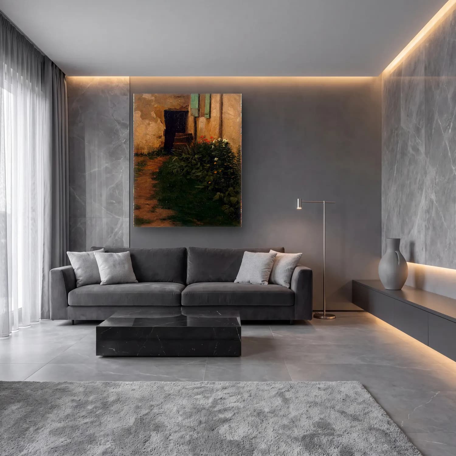 Empresyonist Çiçek Bahçesi No. 12 cam tablo — lüks salon duvarında