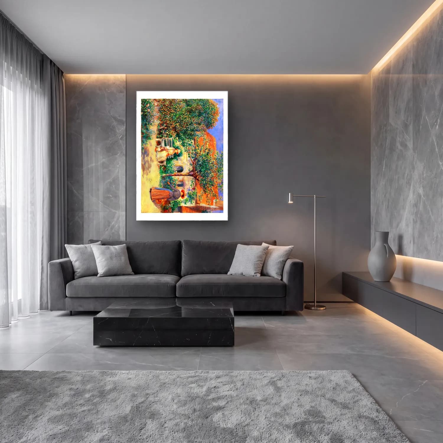Empresyonist Çiçek Bahçesi No. 16 cam tablo — lüks salon duvarında
